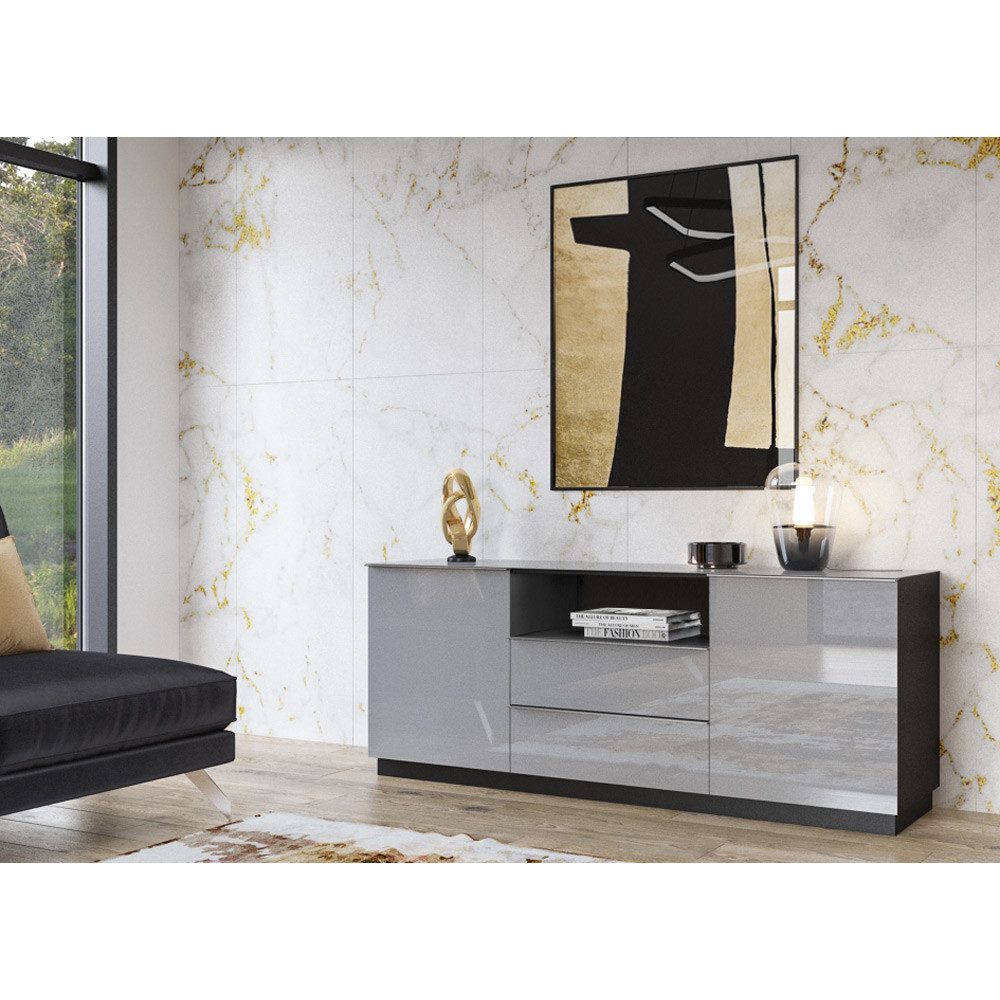 Lomadox Sideboard HOOVER-83, Wohnzimmer modern mit Glasfronten und schwarzem Korpus 180/71/48 cm