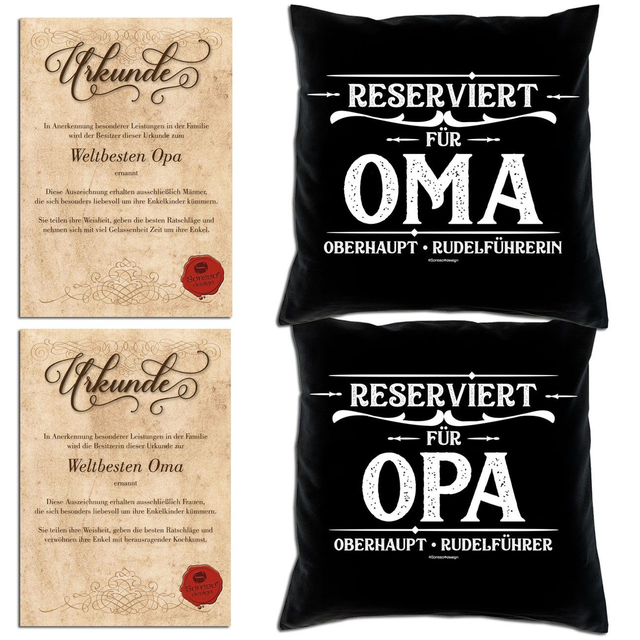 Soreso® Dekokissen Kissen-Set Reserviert für Opa Reserviert für Oma mit Urkunden, Geschenk Weihnachten Großeltern schwarz