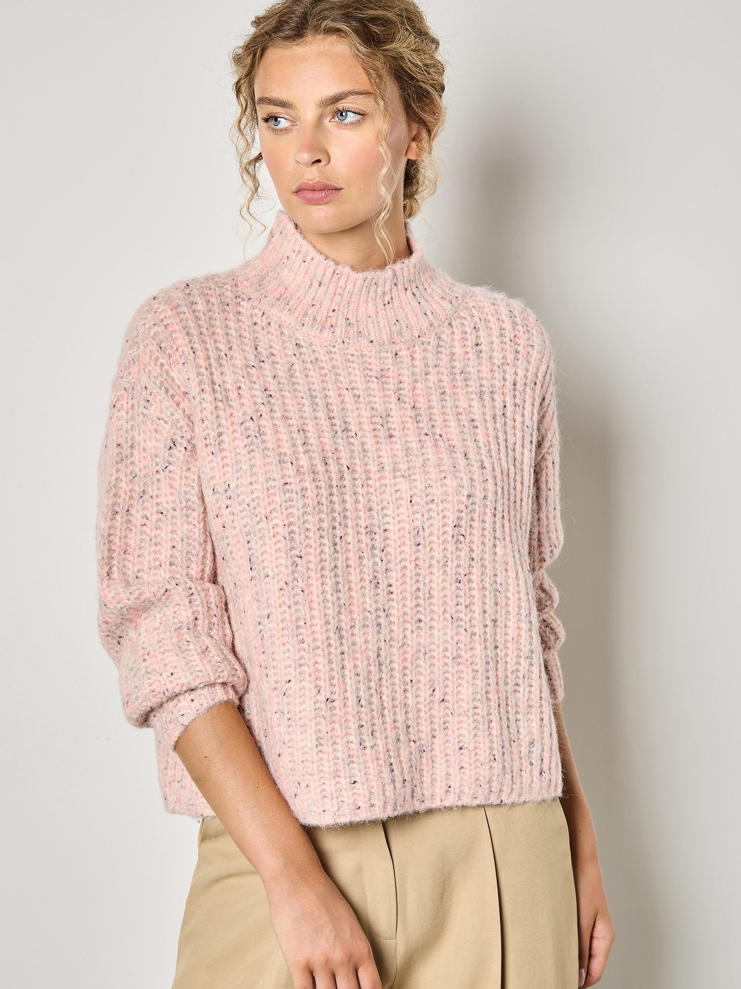 Apricot Strickpullover Kurzer Stehkragenpullover in Rippstrick