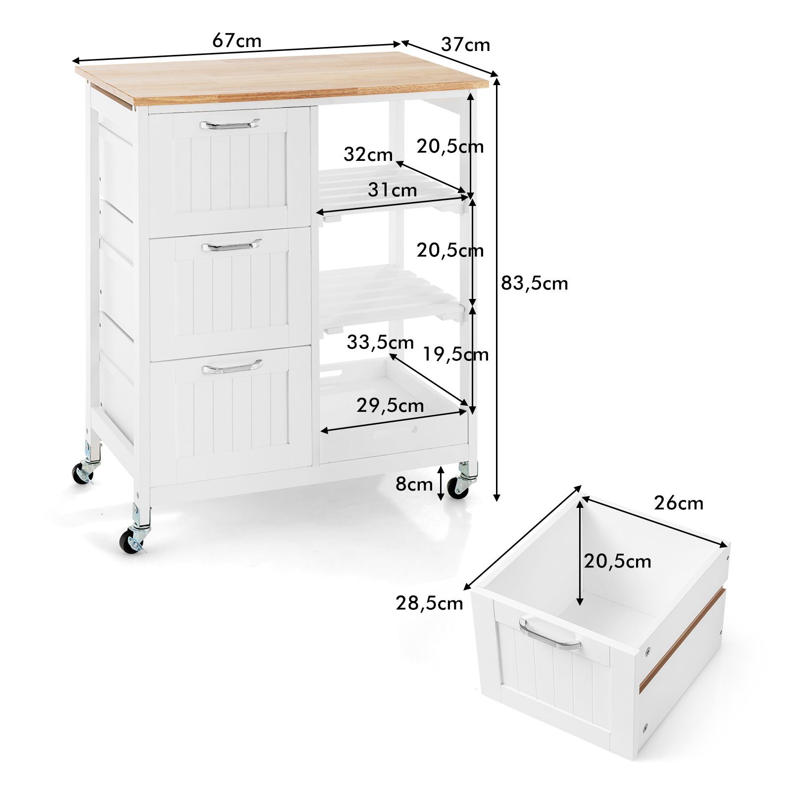 COSTWAY Küchenwagen, mit Tablett, 3 Schubladen, rollbar, 67x37x82,5cm