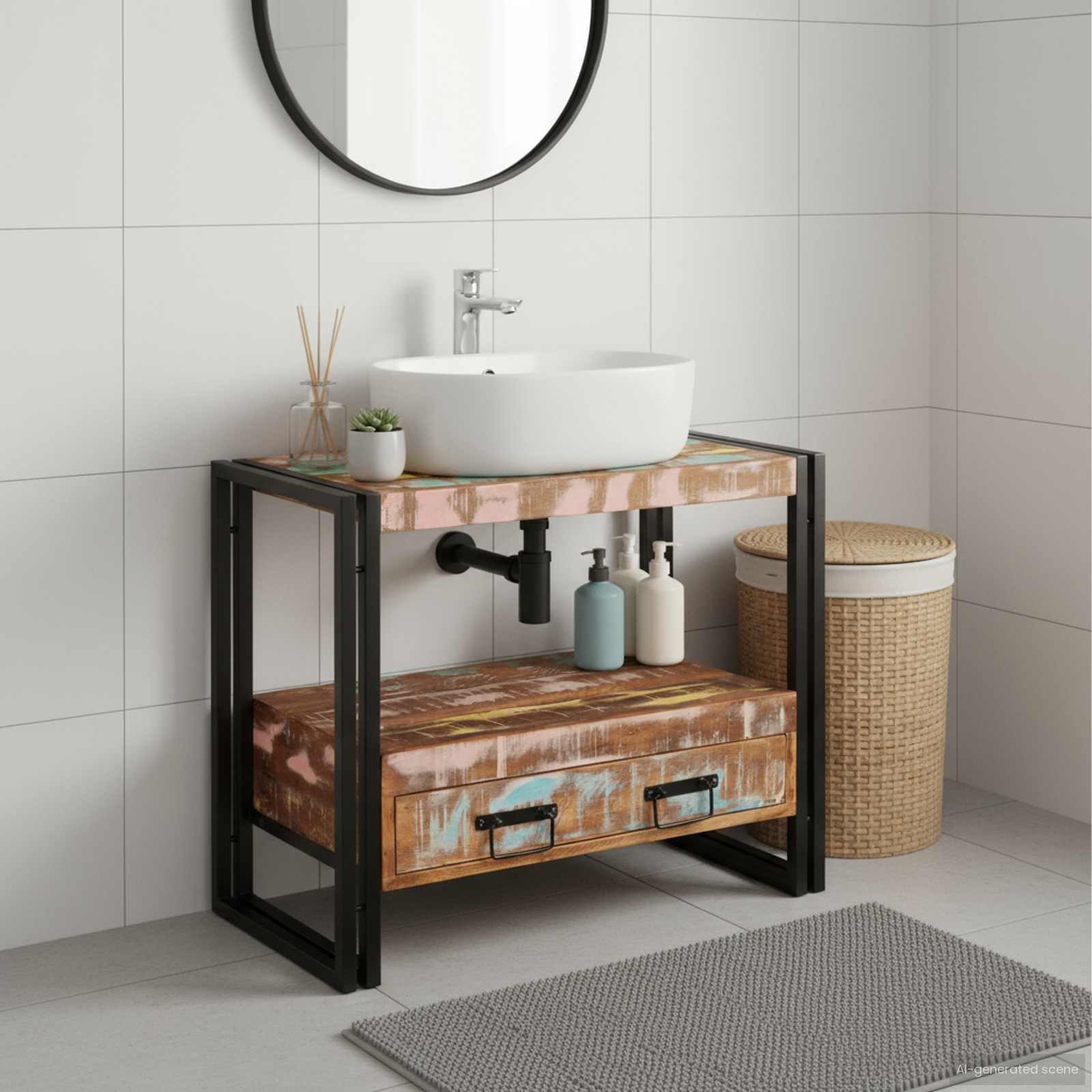 furnicato Waschtisch Waschtischschrank Massivholz 71 x 33 x 58 cm Mehrfarbig (1-St), Badezimmerregal mit Schublade und Griffen für dein Badezimmer