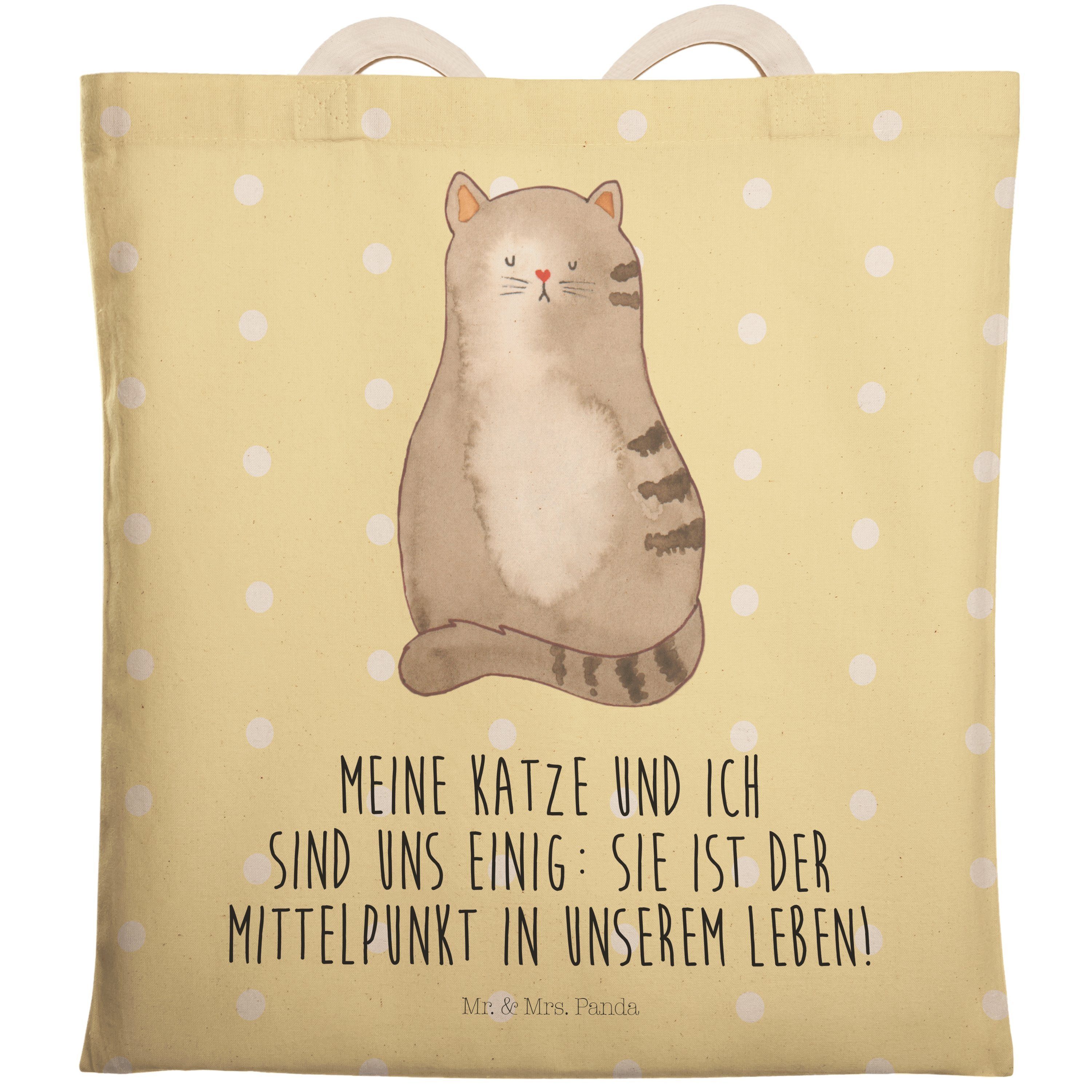 Mr. & Mrs. Panda Tragetasche Katze sitzend - Gelb Pastell - Geschenk, Baumwolltasche, Einkaufstasc (1-tlg) | Tragetaschen