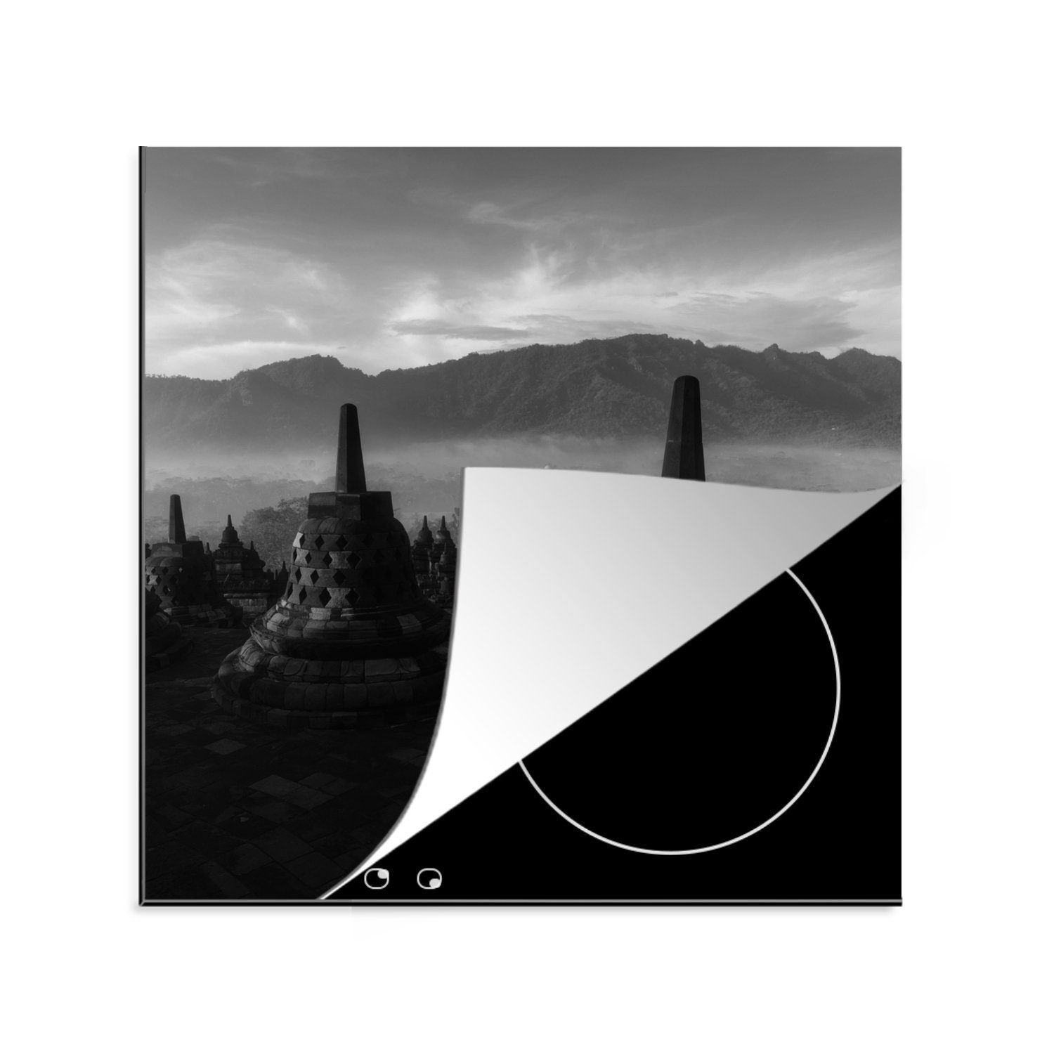MuchoWow Herdblende-/Abdeckplatte Indonesien - Berg - Schwarz - Weiß, Vinyl, (1 tlg), 78x78 cm, Ceranfeldabdeckung, Arbeitsplatte für küche