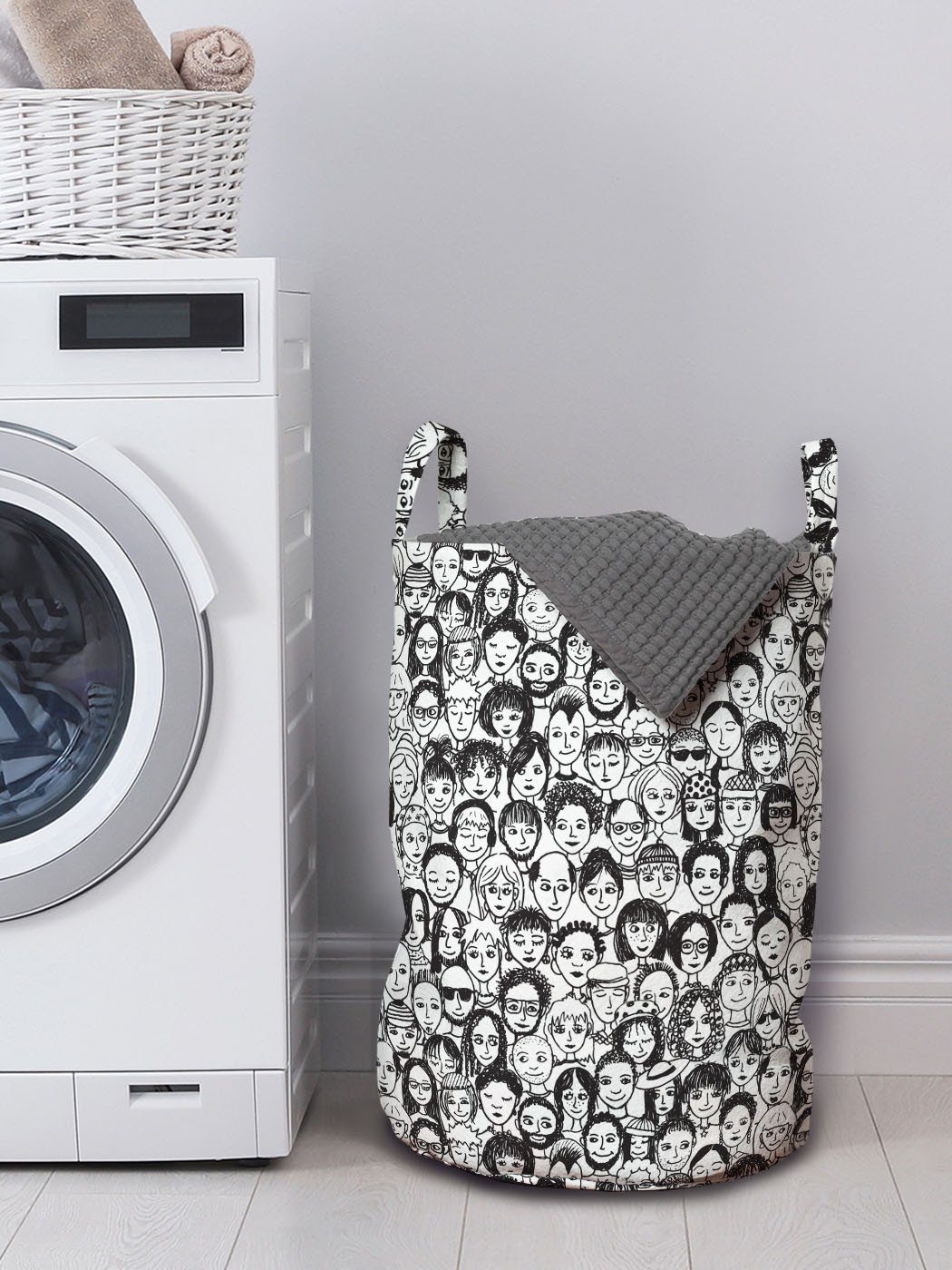 Abakuhaus Wäschesäckchen Wäschekorb mit Griffen weiß Porträt für Kordelzugverschluss Schwarz und Waschsalons
