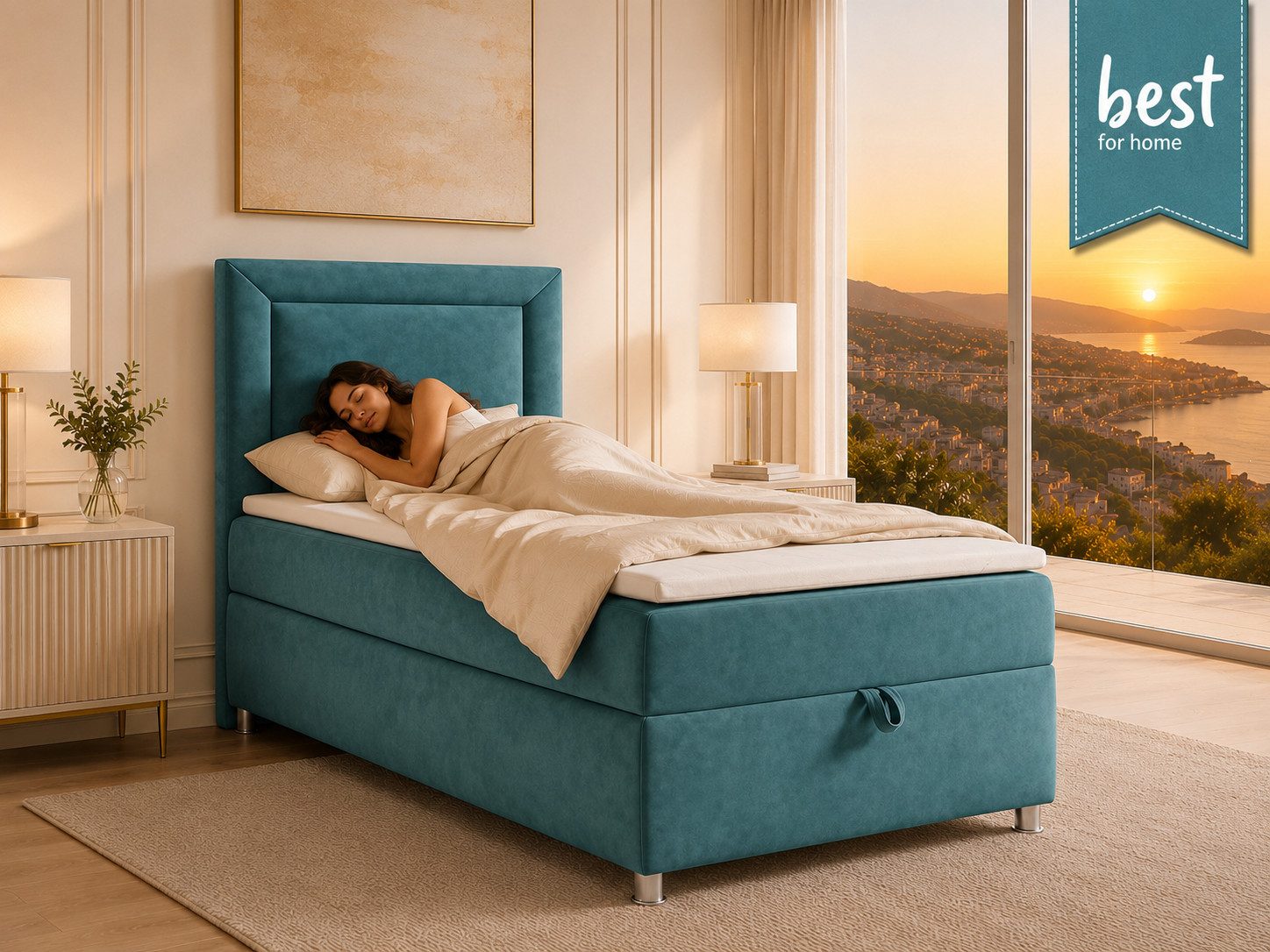 Best for Home Boxspringbett Trinity K-3 SINGLE mit Bettkasten & ca. 5 cm Topper (Einzelbett, Polsterbett mit gepolstertes Kopfteil, Jugendbett, Kinderbett versch. Größen, 3-St., 70x200 80x200 90x200 100x200 cm), Einzel-Boxspringbett mit integriertem Bettkasten