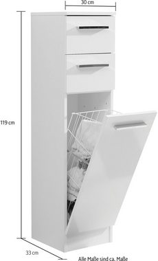 Saphir Unterschrank Quickset 335 Badschrank, 1 Wäschekippe, 2 Schubladen, 30 cm breit Badezimmer-Unterschrank, Weiß Glanz, Griffe in Chrom Glanz