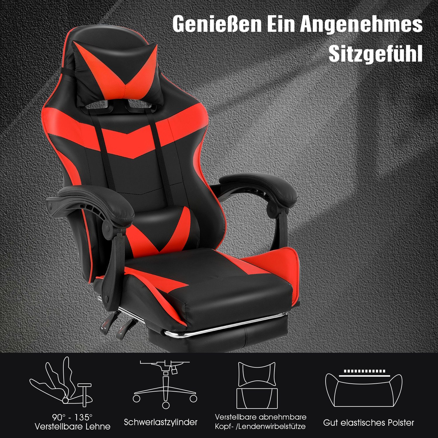 oyajia Gaming-Stuhl Ergonomischer Gaming Sessel mit Fußstütze und Kopfstütze Atmungsaktiv, mit abnehmbarem Kopfkissen, maximale Belastbarkeit 150 kg – Bild 4 von 5