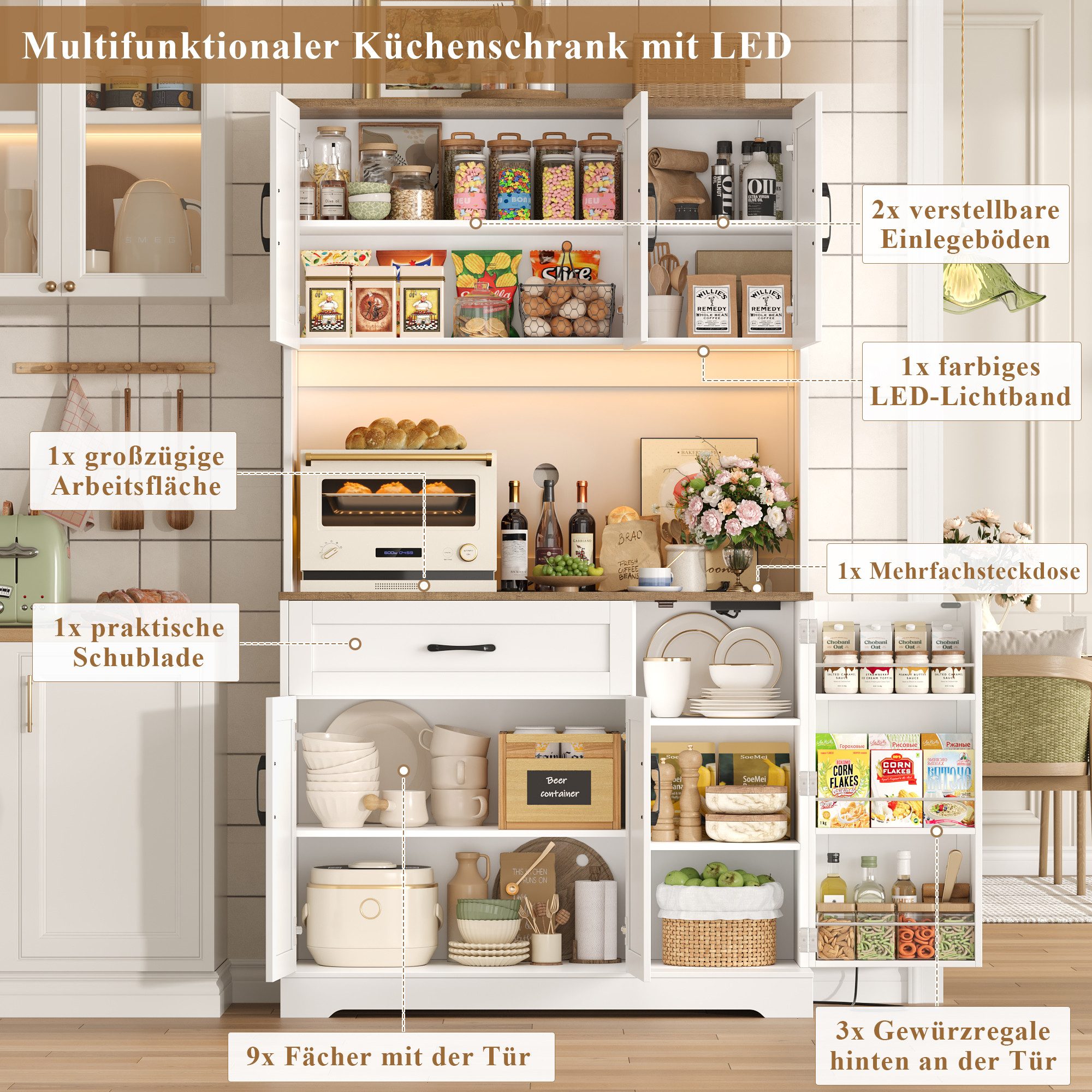 Homfa Küchenbuffet Küchenbuffet mit LED Küchenschrank Buffetschrank Sideboard weiß mit Steckdosenleiste & Arbeitsplatte 180,5x100x38,6cm