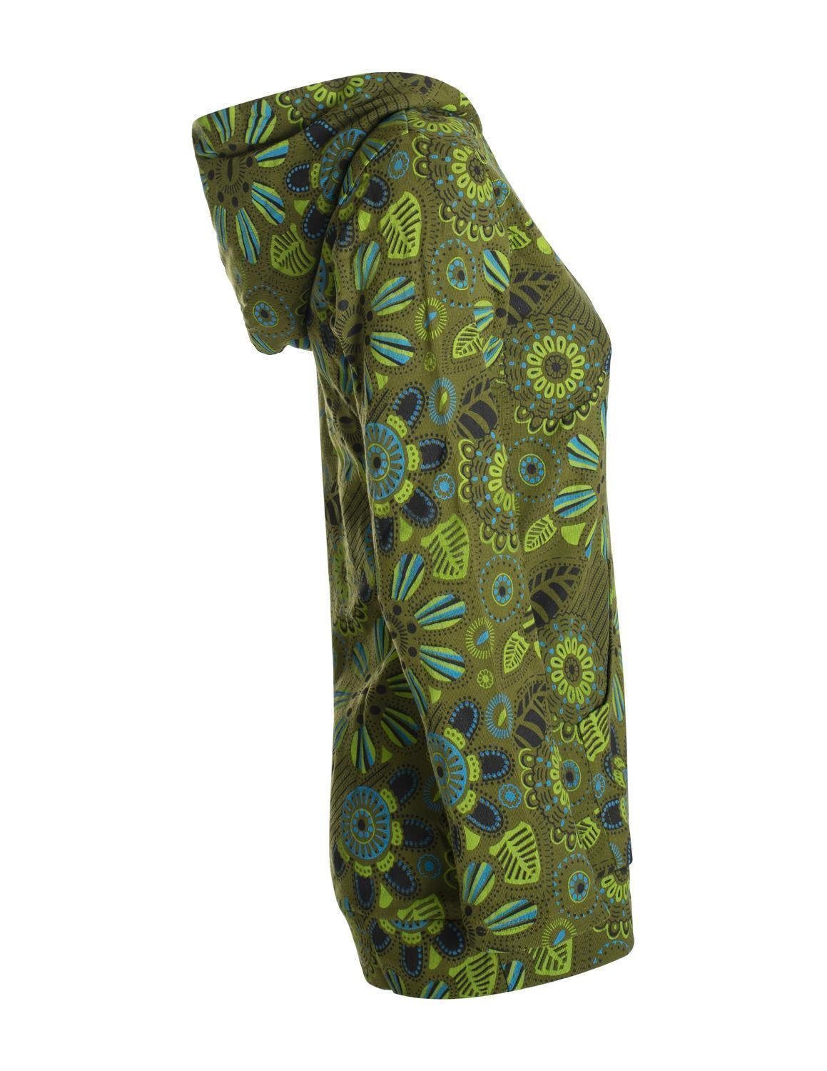Vishes Kapuzenshirt Langarm Hoodie mit Blumen Druck und Kängurutasche Hippie, Goa Style