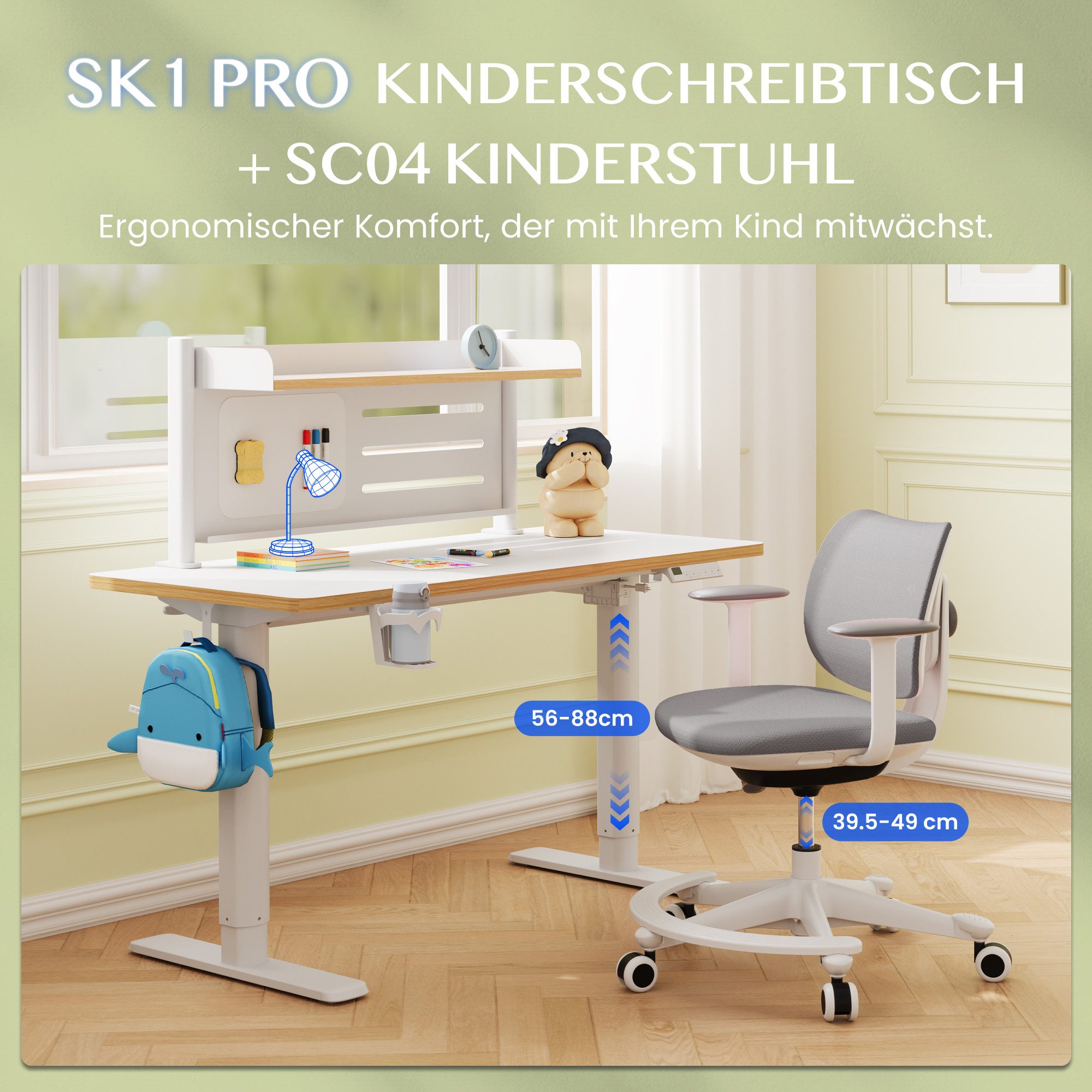 FLEXISPOT Schreibtisch Kinderschreibtisch Höhenverstellbar (3 Speichertasten, Magnetisches Whiteboard, inkl. 3 Whiteboard-Stifte & Tafellöscher), MIT 2xHaken& 1 – Bild 2 von 5