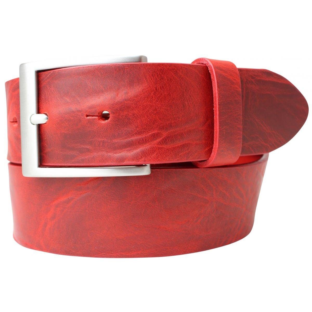 BELTINGER Ledergürtel Gürtel mit Edelstahl-Gürtelschnalle aus Vollrindleder Used-Look 4 cm - Rot, Silber
