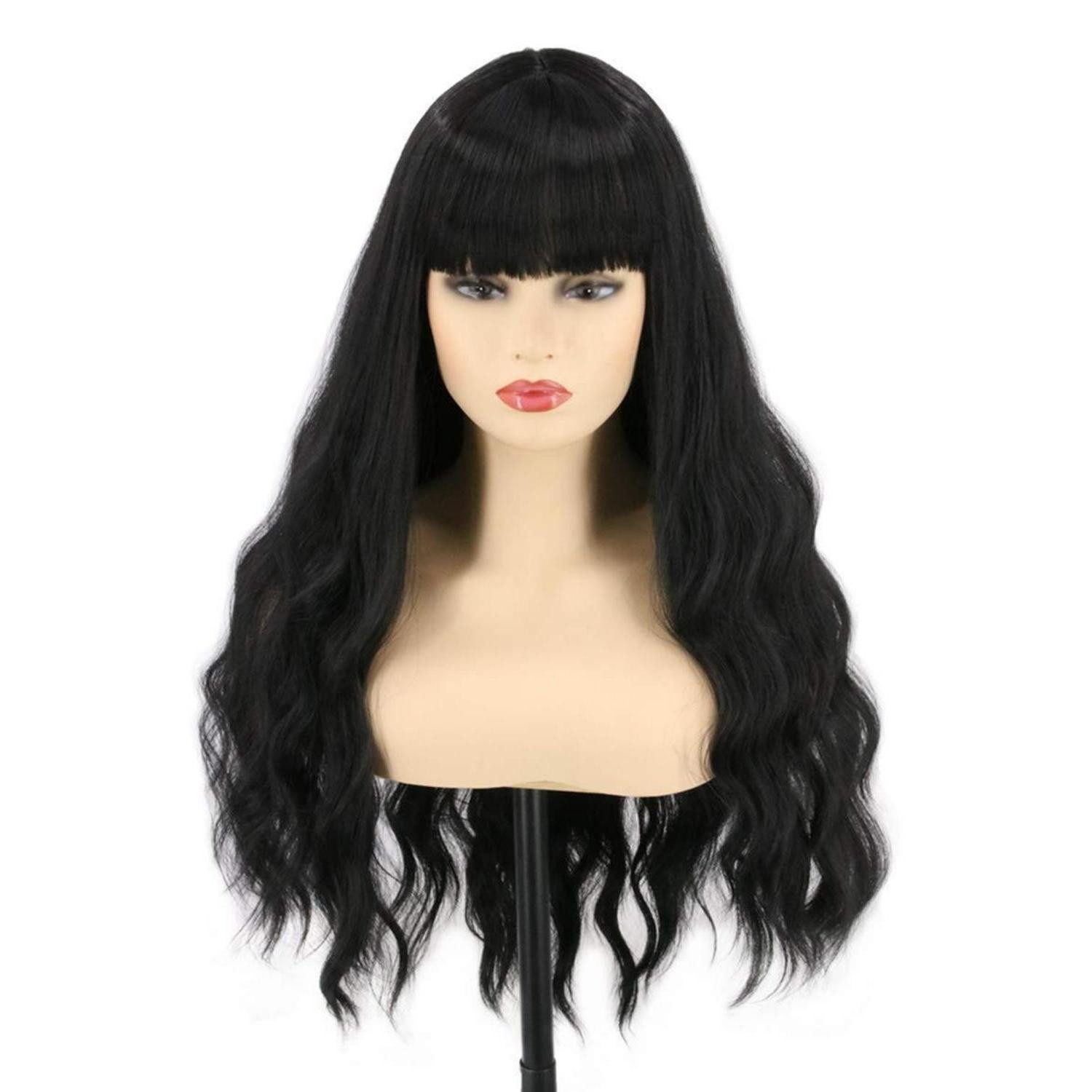 Kostüm-Perücke Wig Locken Synthetik Cosplay Anime Halloween Schwarz Perücke mit Pony