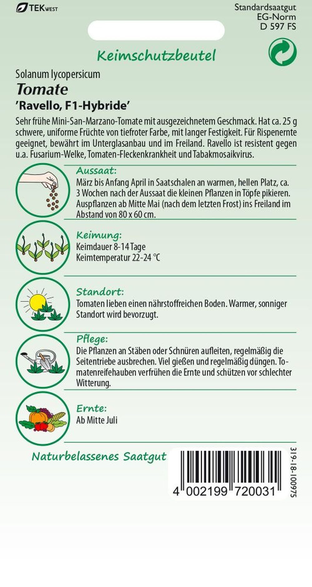 SAMEN PFANN Gemüsesamen Tomate San Marzano, Ravello F1 - Saatgut Tomaten Samen, Solanum lycopersicum – Bild 2 von 2