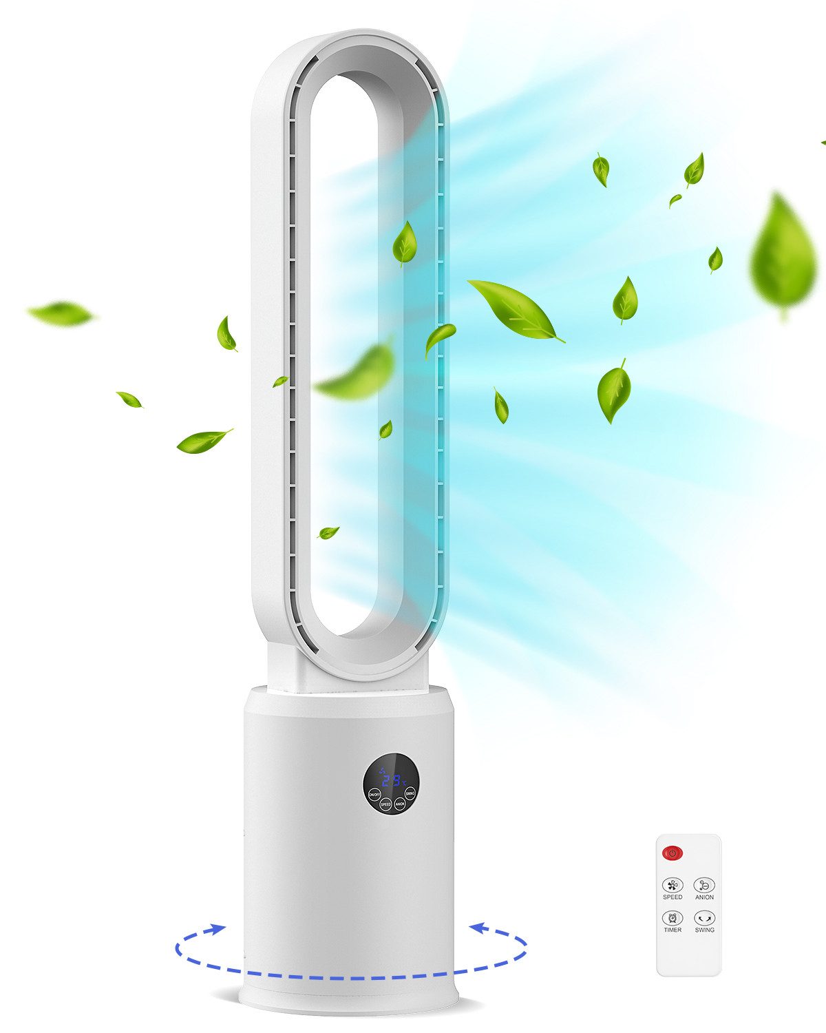 Rebonique Turmventilator Rotorlos Ventilator mit Luftreiniger sehr Leise 24 Stufen 12H Timer, Oszillierend LED-Anzeige Tower-Ventilator mit Fernbedienung