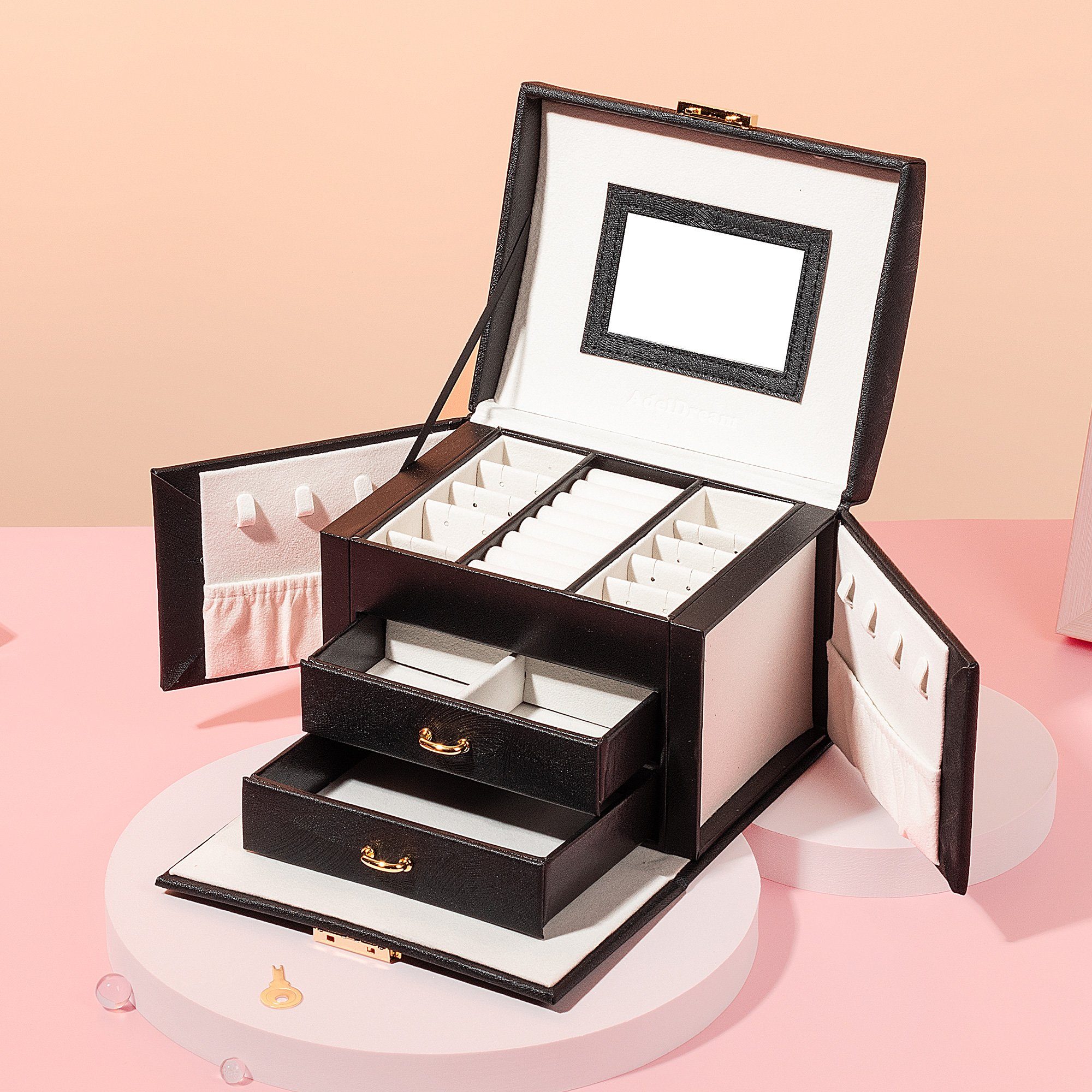 AdelDream Schmuckkasten Mini-Schmuckkästchen, 3 Ebenen, 2 Schubladen, 3 Farben, mit Spiegel, viel Stauraum