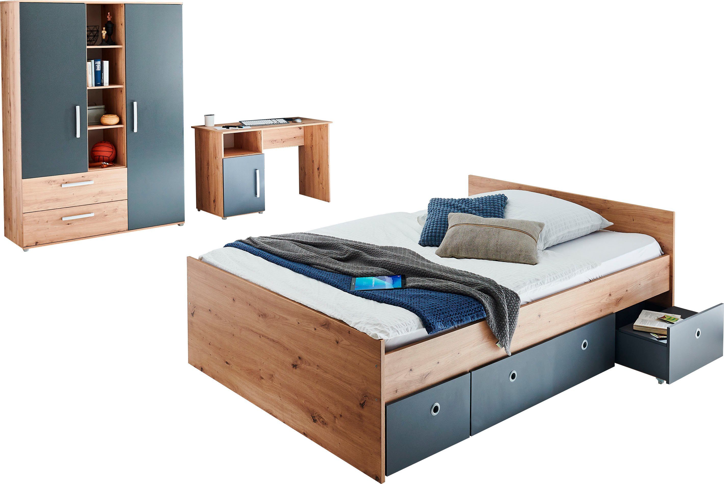 arthur berndt Jugendzimmer-Set Alessio, (Set, 4-tlg., Kleiderschrank mit Schubfächern, Regalelement, geräumiger Auszug), mit Melamin-Oberfläche