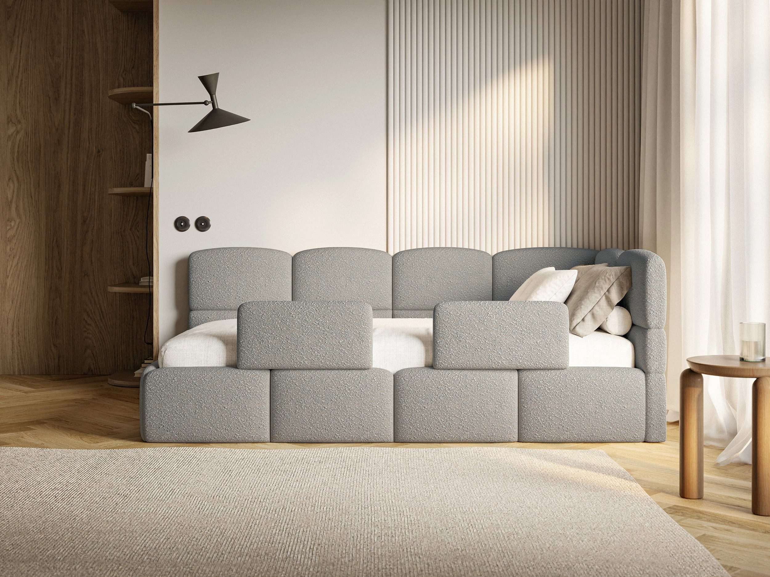 Selsey Kinderbett CLOUDY, Matratze, Stauraum, Eckkopfteil und Lattenrost, Bouclé, 120x200 cm