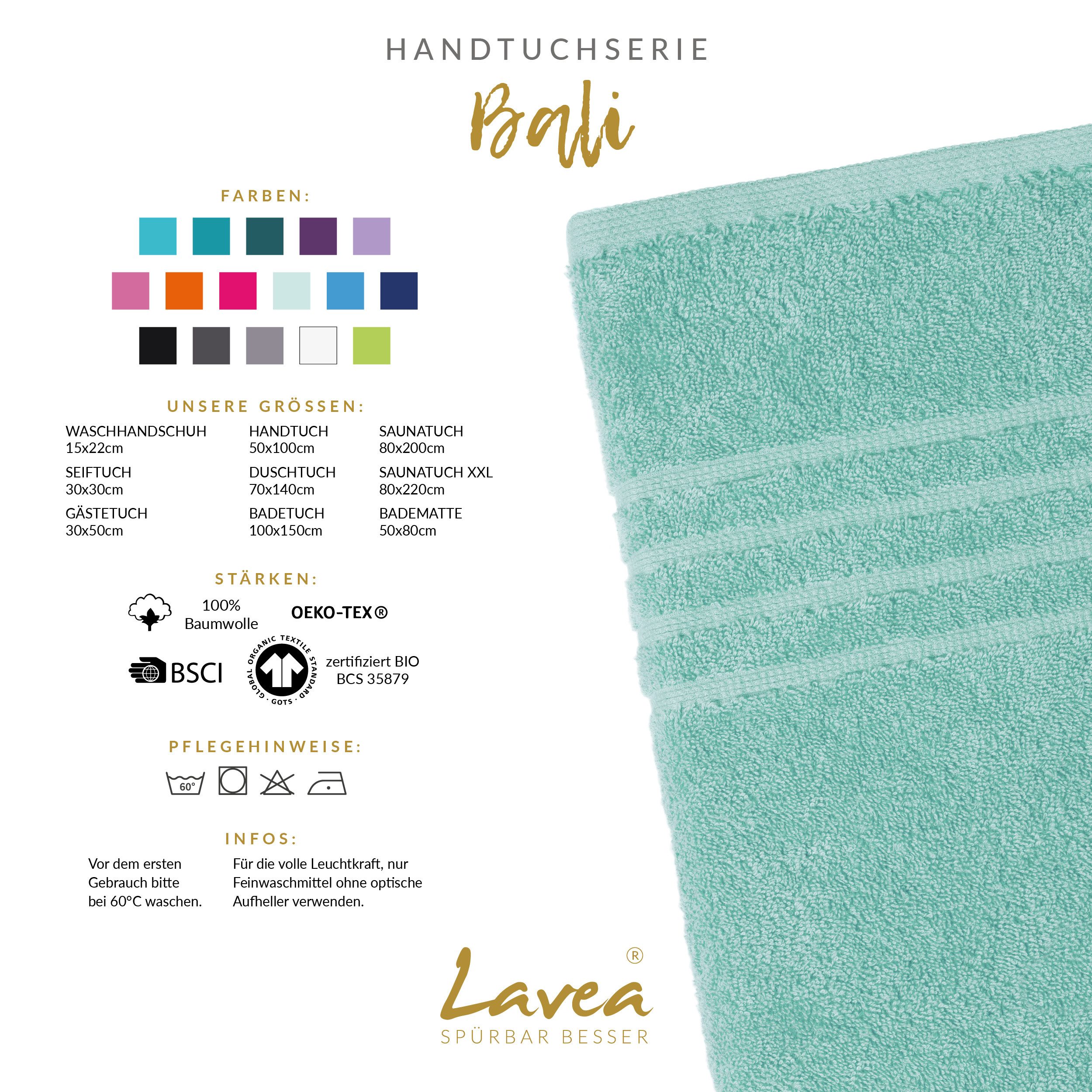 Lavea Gästehandtuch Bali Gästetücher 30x50 cm, Gästetuch, Gästehandtücher klein, Weiches Bio-Baumwollfrottee (Set, 2-St), Handtuch, Gästehandtuch-Set, GOTS-zertifiziert, 500g/m²