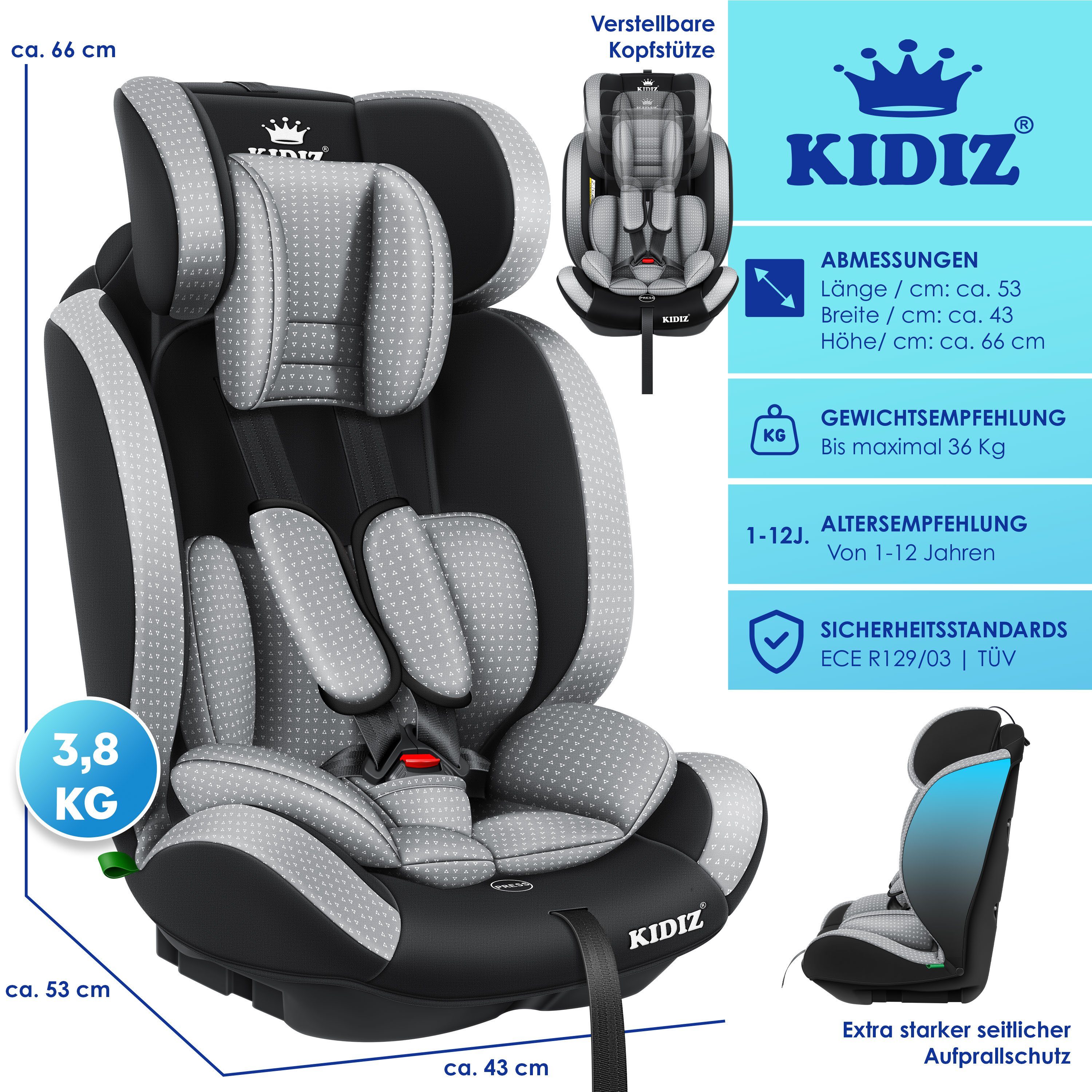 KIDIZ Autokindersitz, Kinderautositz 1-12 Jahre, Mitwachsend, Gruppe 1+2+3, 9-36 kg Autositz