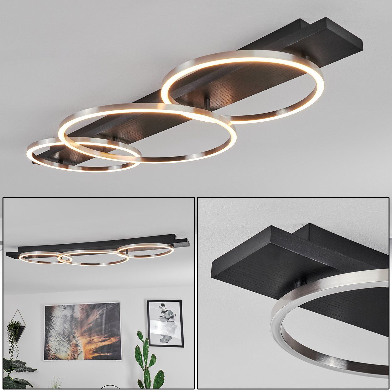 Echtholz, hofstein Leuchte Deckenlampe, Weiß Metall/Holz/Kunststoff, Deckenleuchte 5100 LED Lumen, Kelvin, Balken mit 12 eckige Watt, »Palermo« 3000 aus Schwarz/Nickel-matt,