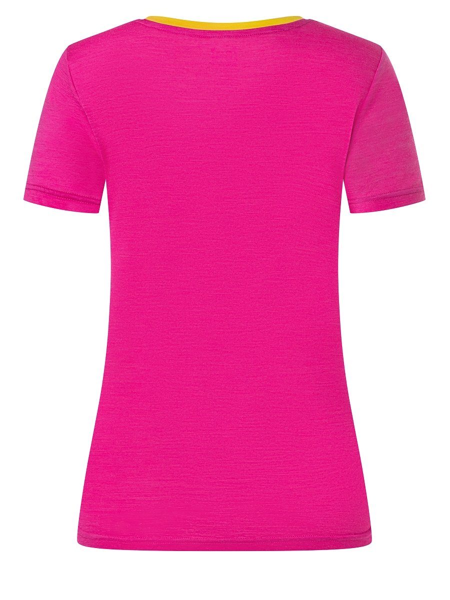 LOGO Fuchsia T-Shirt TEE W Merino-Materialmix ESSENTIAL Merino THE pflegeleichter SUPER.NATURAL Print-Shirt Red/Illuminating