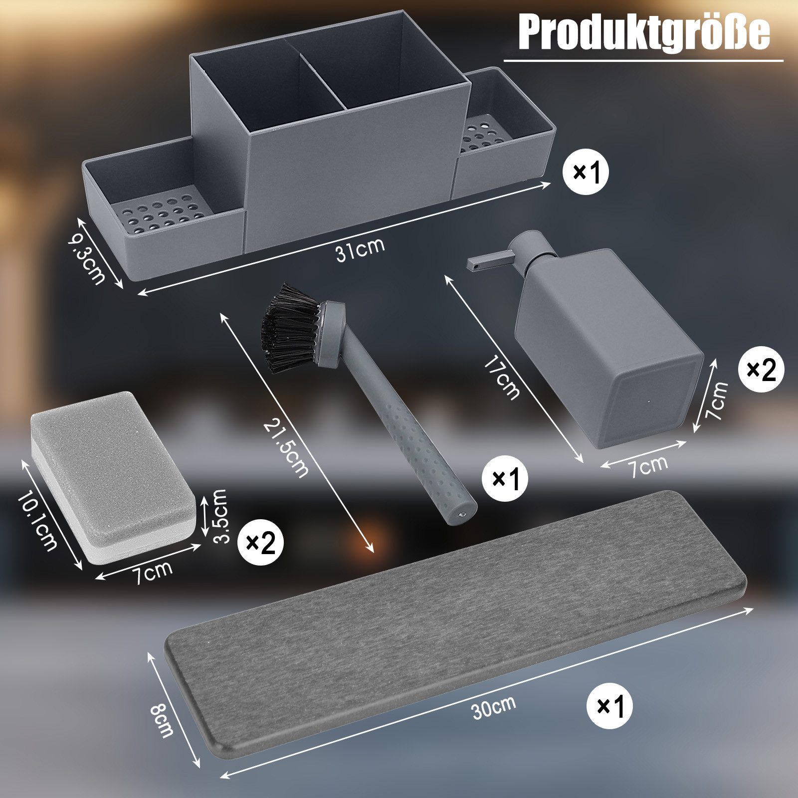 Lumkudos Küchenorganizer-Set 350ML Spülbecken Organizer mit Bürste, Seifenspender Spülschwamm, (4-tlg., Flaschen*2, Schwämme*2, Tablett*1, Pinsel*1, Aufkleber, Matte*1), Spülorganizer mit Zwei Seifenspender, Küchengadget Organizer
