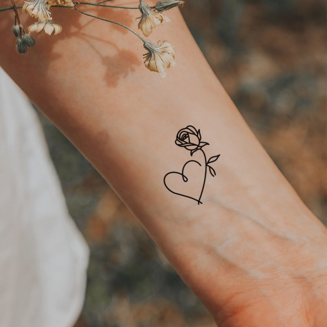 Inkster Schmuck-Tattoo Herz mit Rose Tattoo, wasserfestes temporäres Tattoo, 2 Wochen Halt
