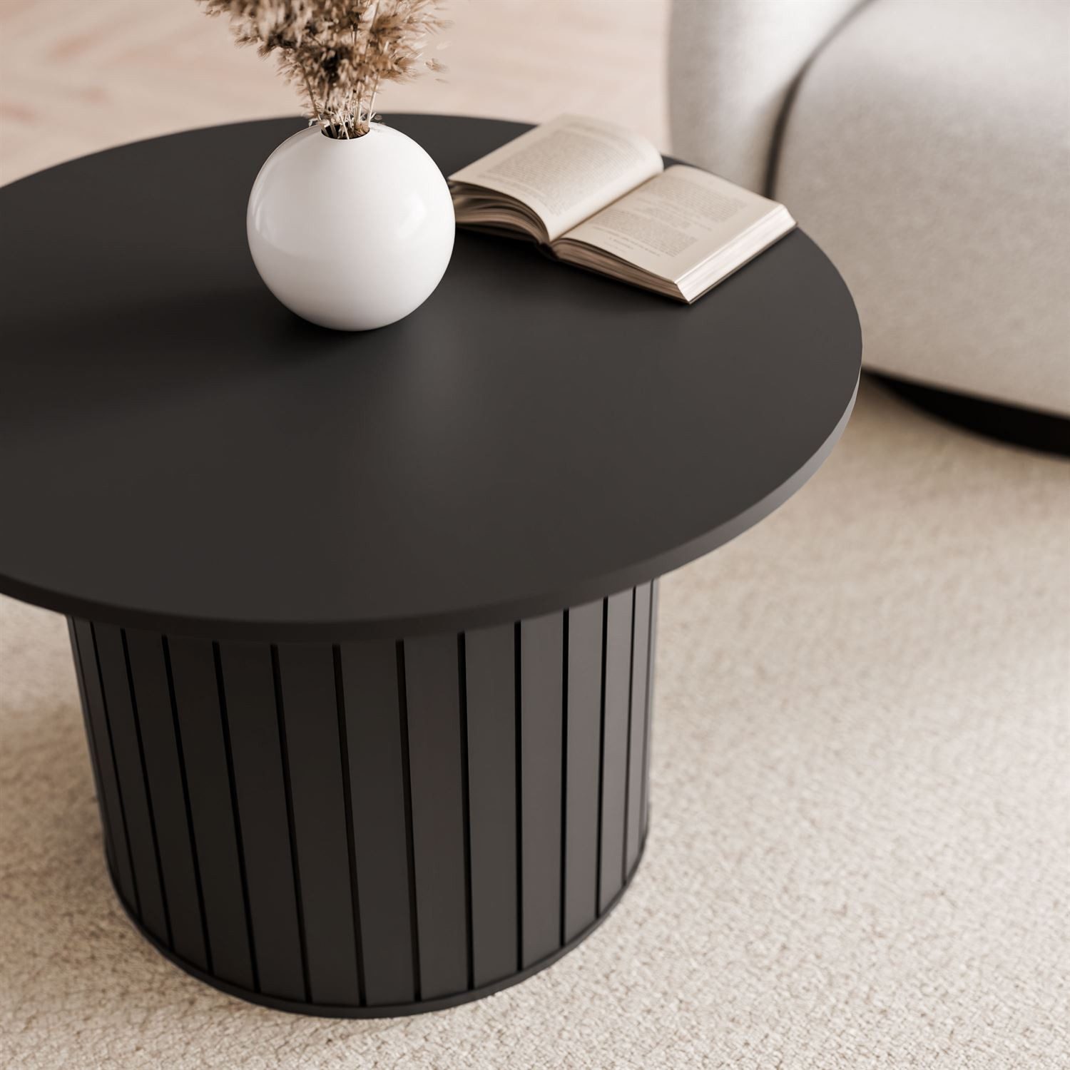 yourhouse24 Couchtisch LINNEA Rund Ø70cm Säule Lamellen Kaschmir/Schwarz (1x Couchtisch), Säule in moderner Lamellen-Optik