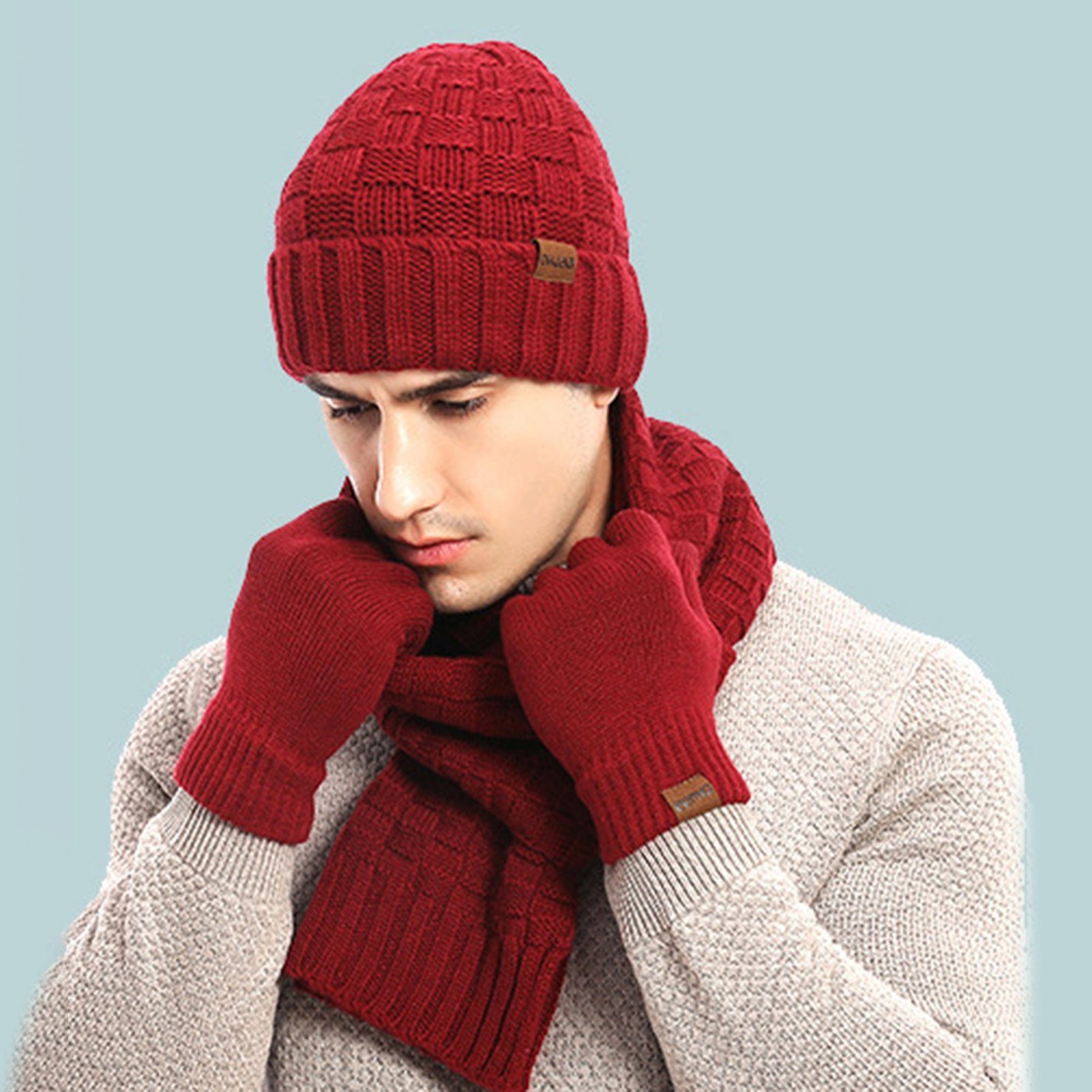 Schal für Damen warmes Winter Fleece-Set Rutaqian Set Herren den Grau für kältebeständiges, (Dreiteiliges, Mütze Außenbereich) und Handschuhe Warm Strickmütze und