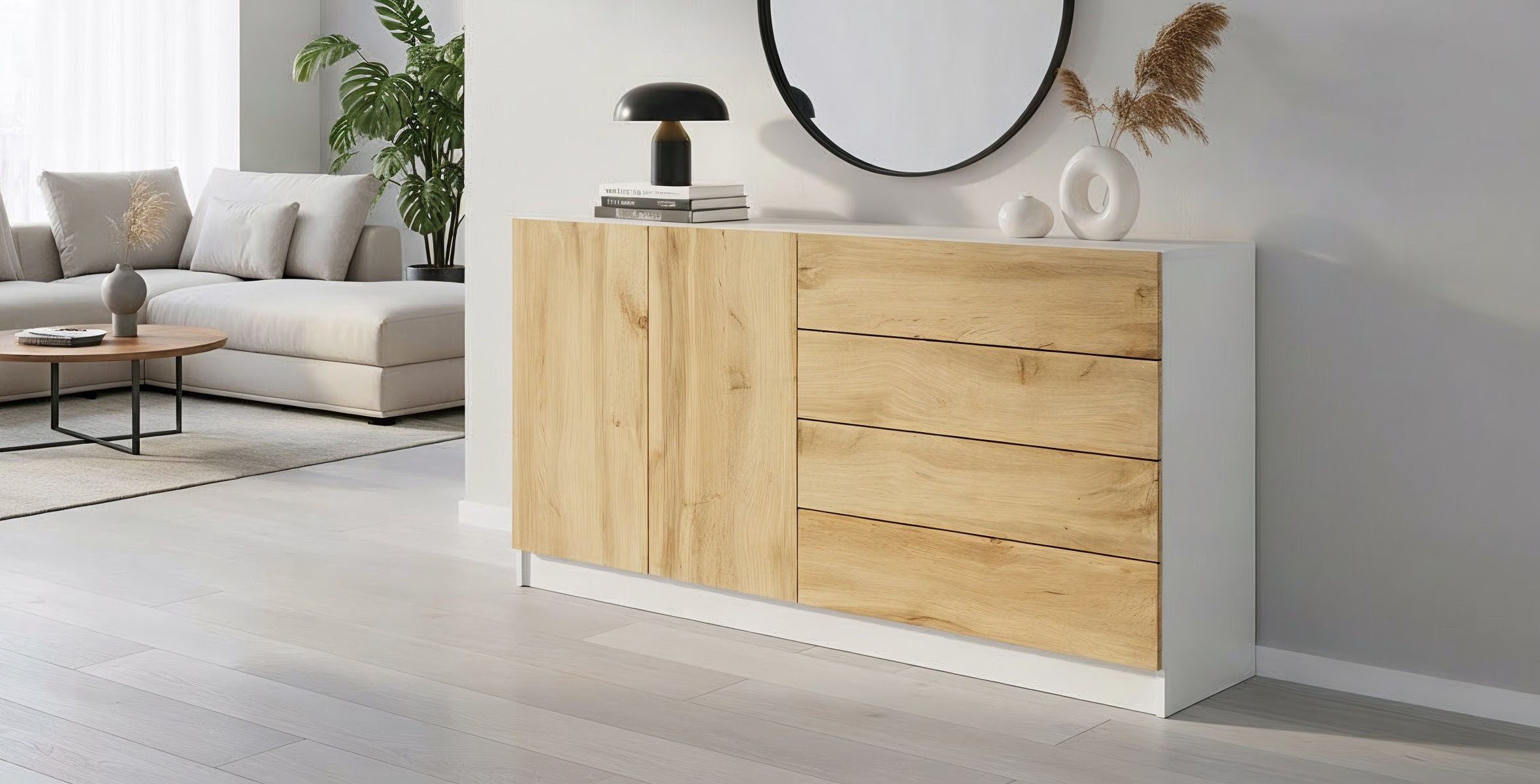 borchardt Möbel Sideboard Vaasa, Kommode mit 2 Türen und 4 Schubkästen auf Kugelführungen, Breite 152 cm