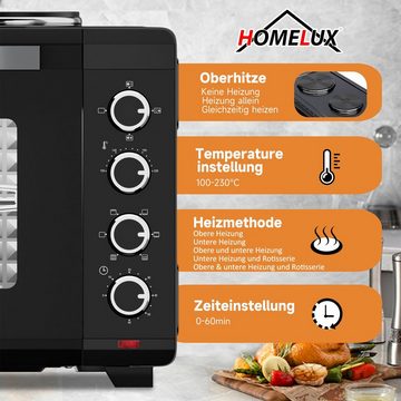 HOMELUX Minibackofen mit Kochplatten und HäHnchengrill, Mini ofen 48L 3600W Schwarz, Ober-/Unterhitze Max 230°C, Geeignet für Camping & Kleinküchen