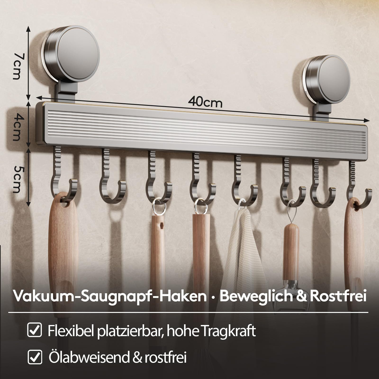 FOUORTUNATE-BEE Hakenleiste Hakenleiste Küche ohne Bohren mit Saugnapf 8 Haken 40cm, (Abnehmbare rostfreie Hakenleiste für Küchenutensilien) – Bild 5 von 5