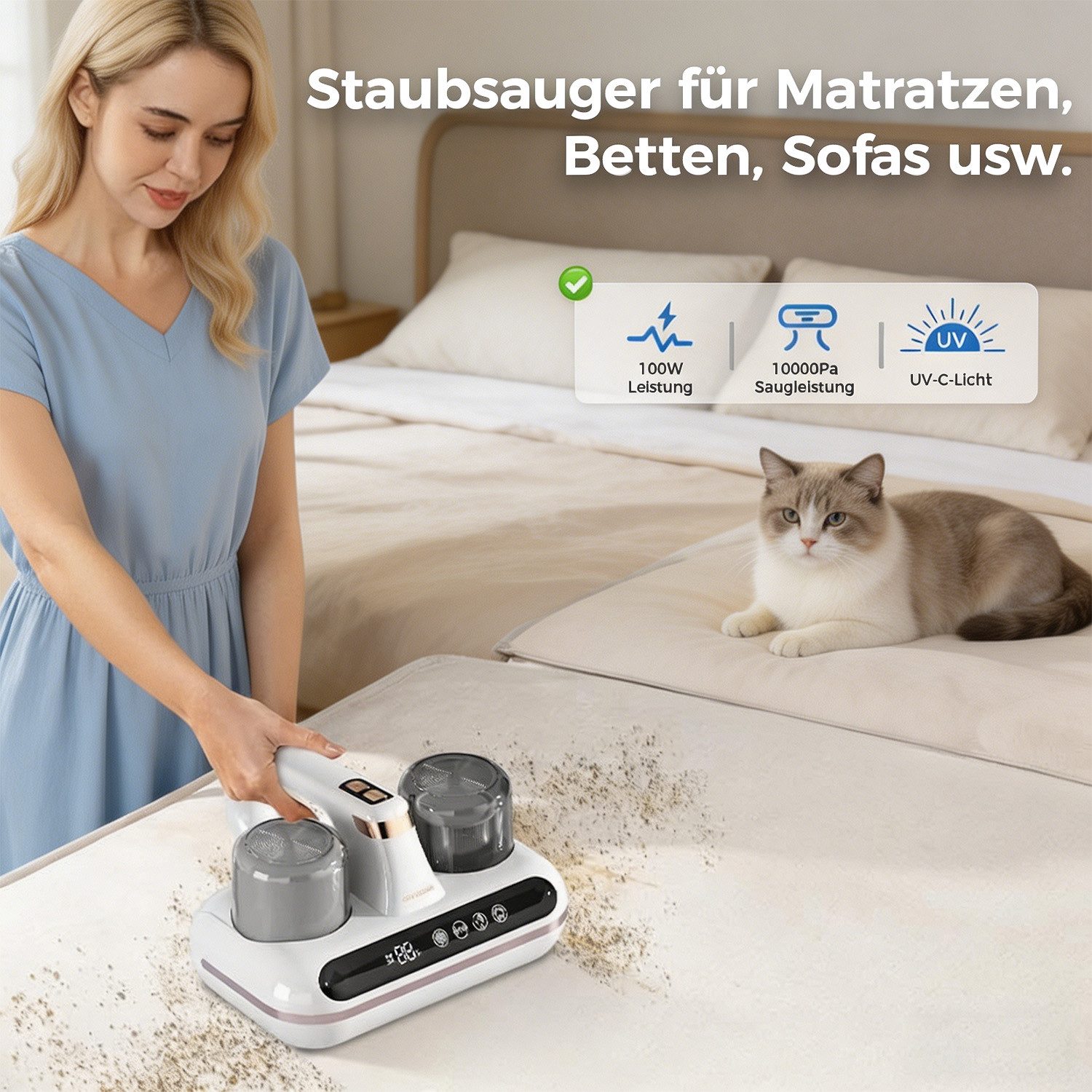 AKKEE Matratzenreinigungsgerät Milbensauger für Matratzen, Milbenstaubsauger mit UV-C Licht, 100 W