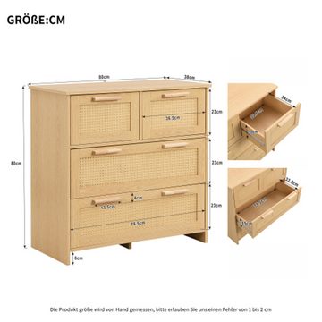 XDeer Schuhschrank 4-Schubladen-Rattanschrank mit Massivholzgriffen für Schlafzimmer, Wohnzimmer, Esszimmer