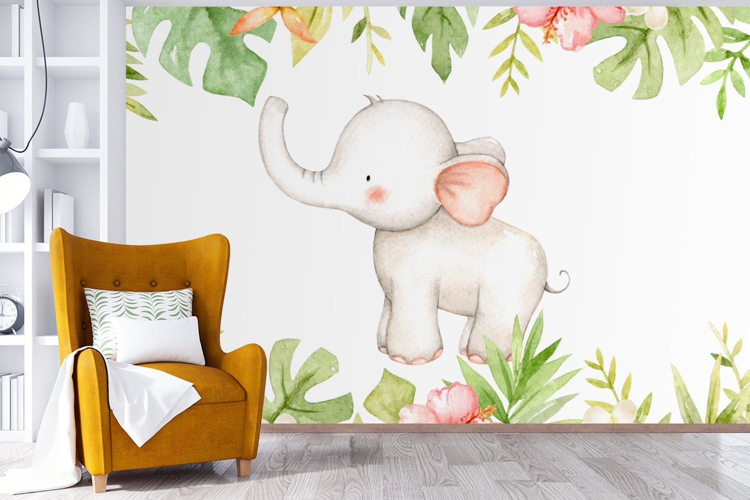Fototapete - Dschungel Kinderzimmer, Vinyl Aquarellfarbe, bedruckt, Wohnzimmer, St), Schlafzimmer, Wallpaper (6 - für MuchoWow Tapete Matt, Elefant