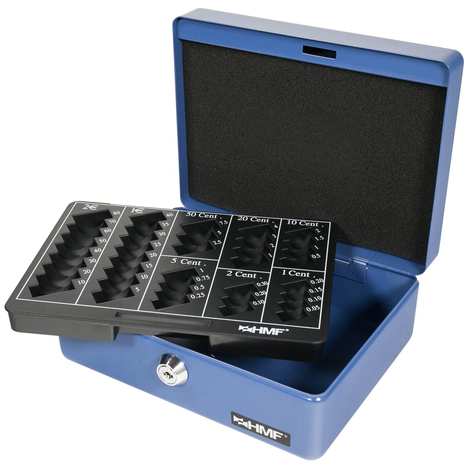 Geldkassette 20x16x9 mit HMF Geldbox blau mit Münzzählbrett, Abschließbare robuste Schlüssel, cm Bargeldkasse