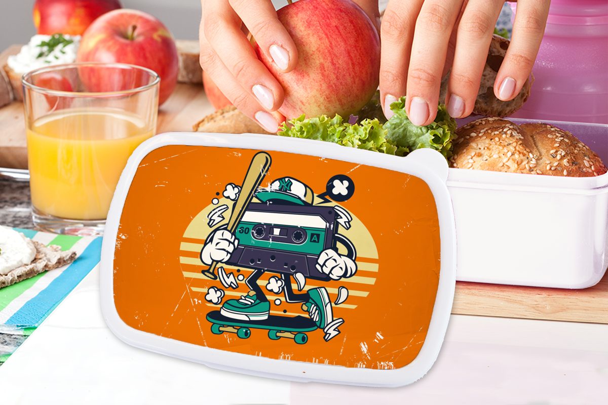MuchoWow Lunchbox - Brotdose, Kassette Erwachsene, weiß Skateboard für Brotbox und für und Jungs Kunststoff, (2-tlg), Mädchen Kinder Vintage, 