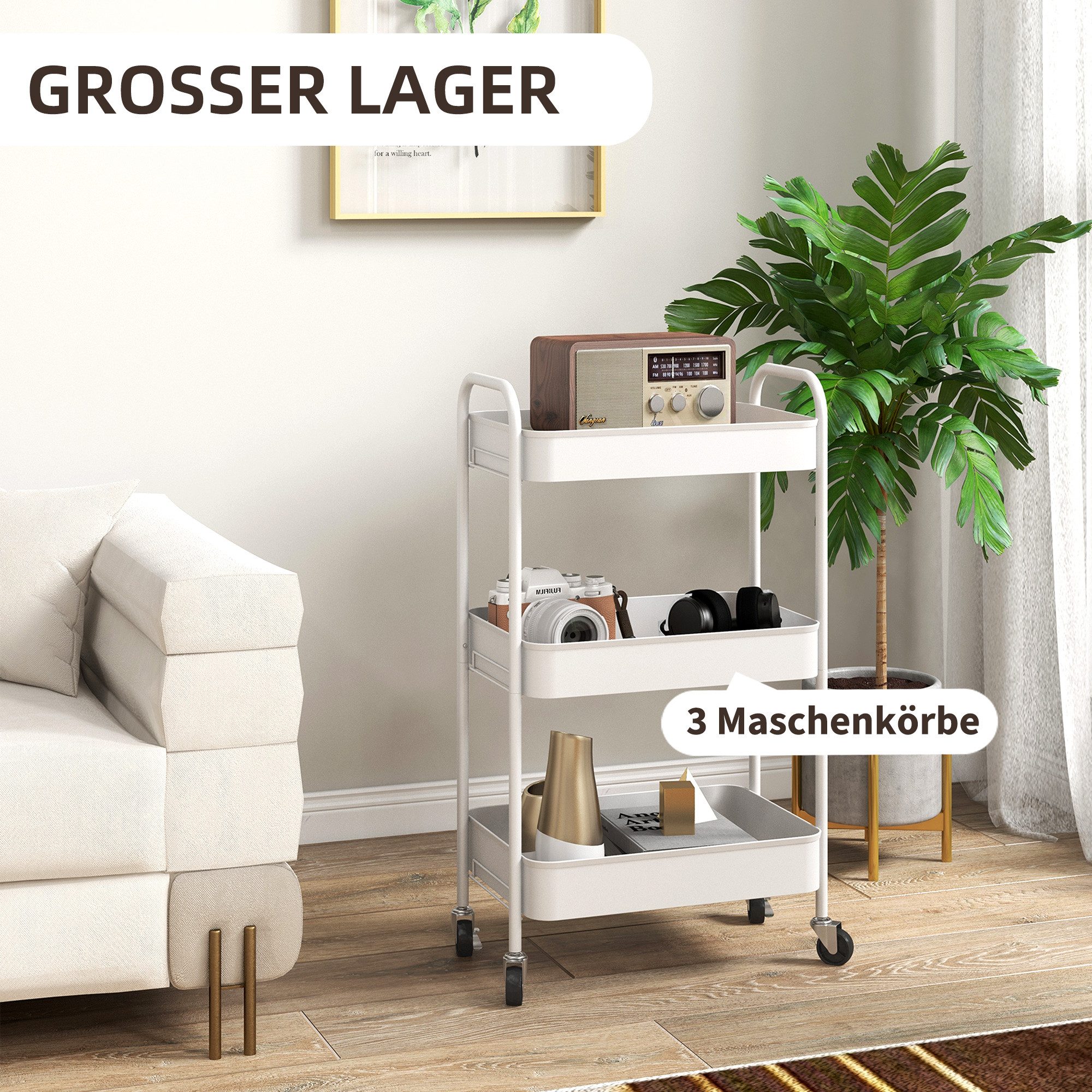 HOMCOM Servierwagen Küchenwagen, Rollwagen mit 3 Etagen, (Beistellwagen, 1 St., Aufbewahrungswagen), für Küche, Wohnzimmer, Stahl, Weiß