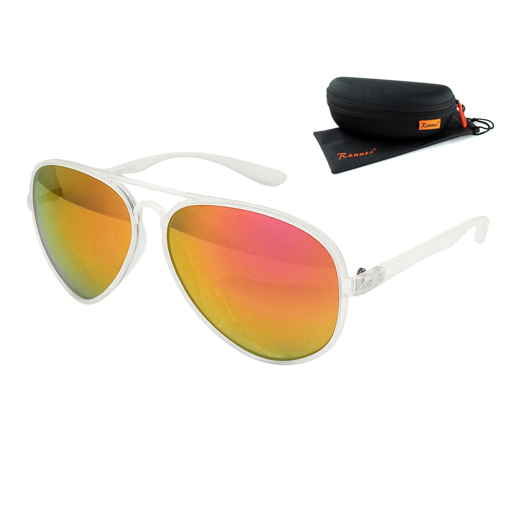 Rennec Sonnenbrille Pilotenbrille Herren Damen aus Kunststoff Leicht und Flexibel Gläser Verspiegelt, Gestell Transparent, inkl. Hardcase