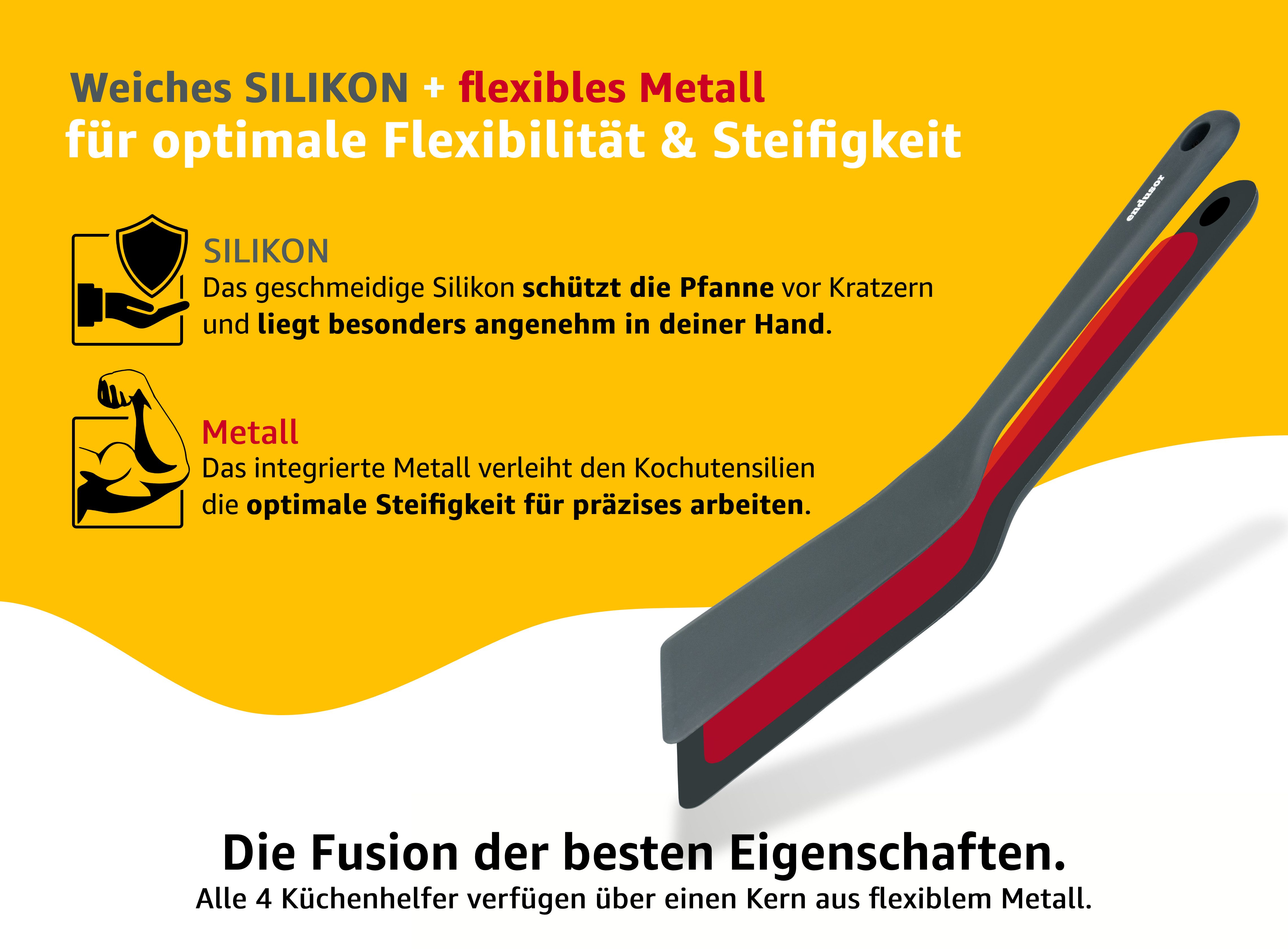 endusor Pfannenwender Silikon Spatel Set 4-teilig für Pancake & Spiegeleipfanne, Edelstahlkern, Hygienisches Silikon, Hitzeresistent bis 320°C – Bild 4 von 5