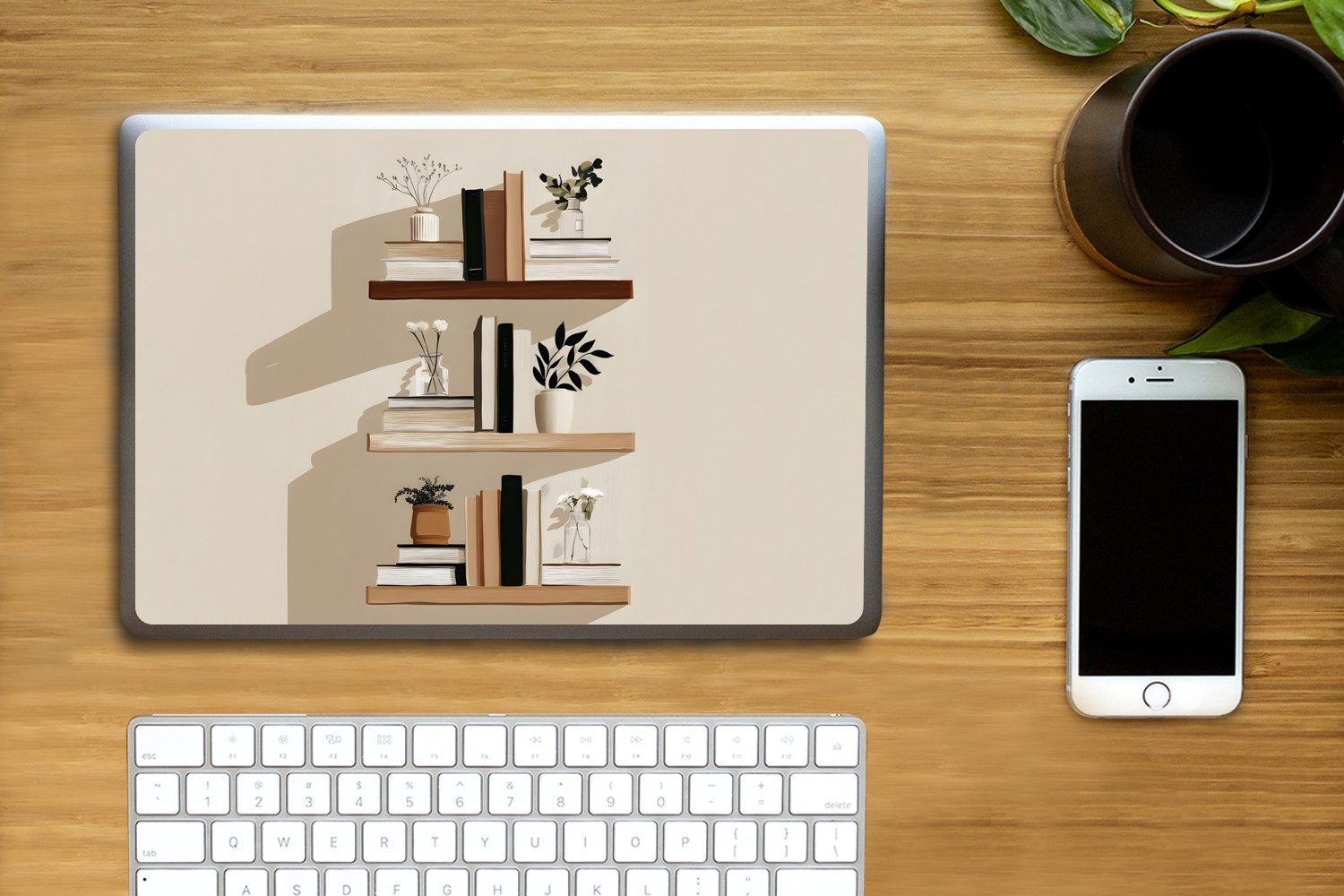 Thumbnail - MuchoWow Laptop-Aufkleber Regale - Bücher - Vasen - Pflanzen, (1tlg), Laptop Folien Cover, Aufkleber, Sticker, Schutz vo...