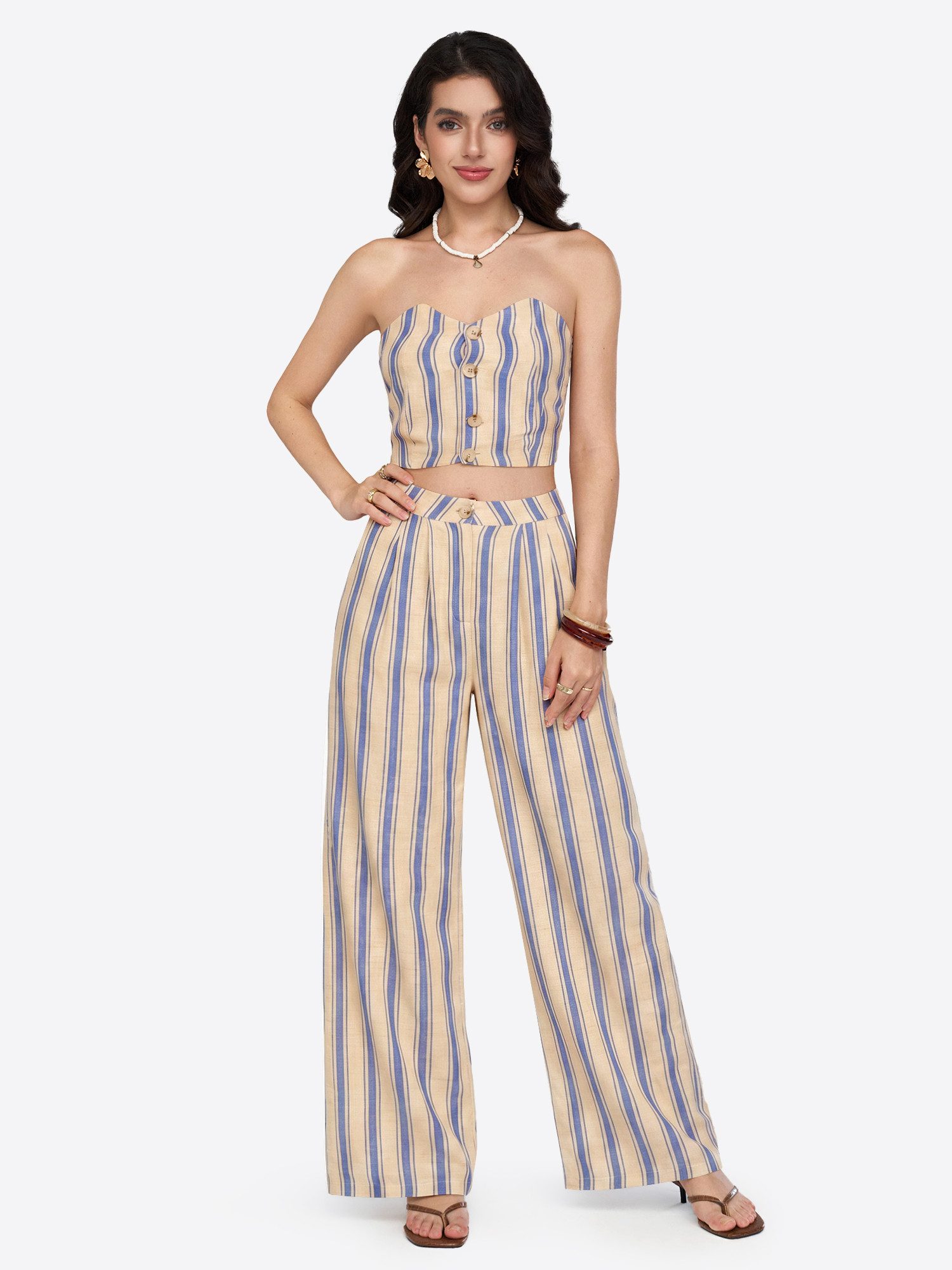 Imily Bela Hausanzug Damen Gestreiftes Zweiteiliges Set (Set, 2 tlg., Trägerloses Crop-Top + hochgeschnittene, weite Hose) Urlaubsstil