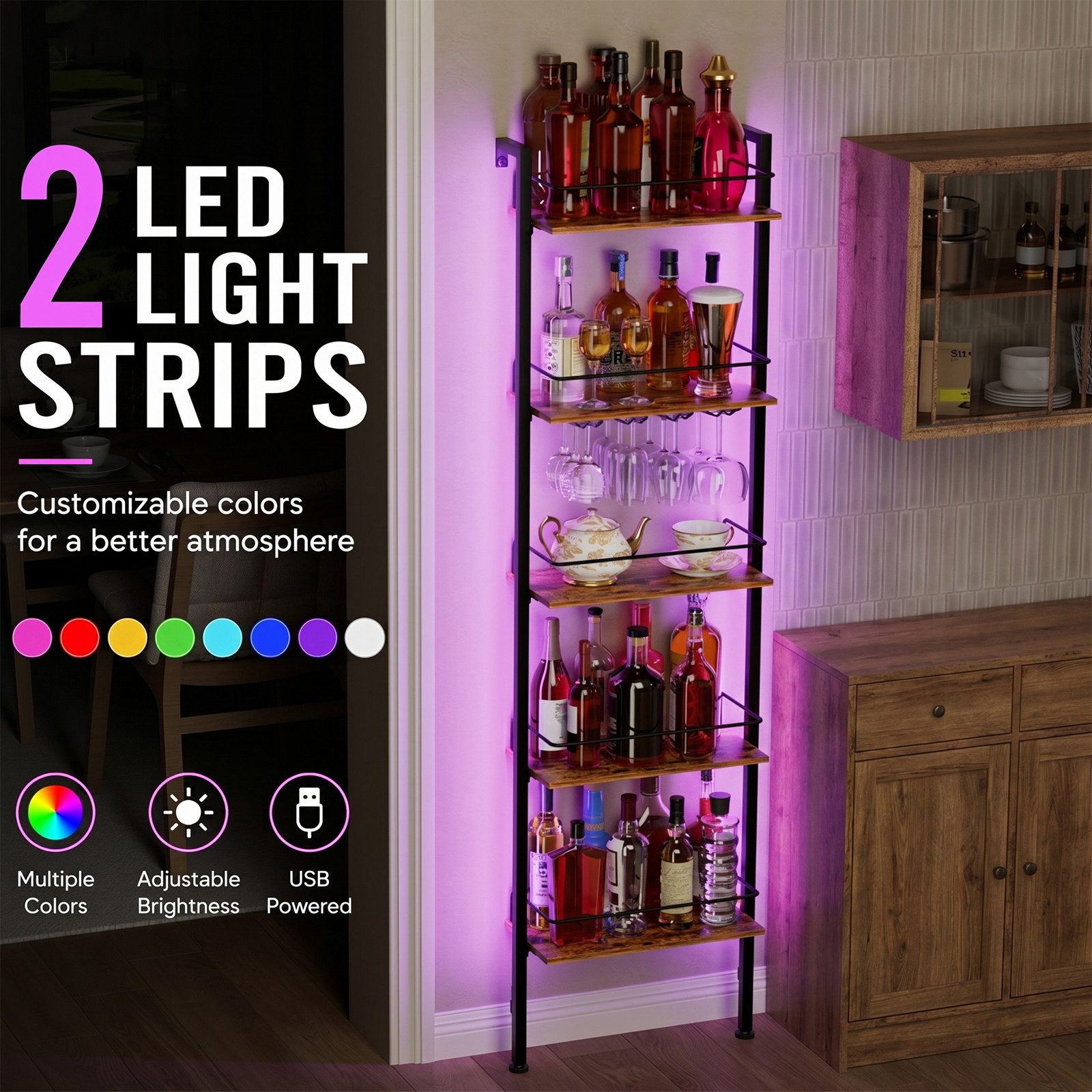 Yorbay Weinregal 5-Tier Freestanding Weinständer, 50 Flaschen, mit LED-Lichtern & Absturzsicherung