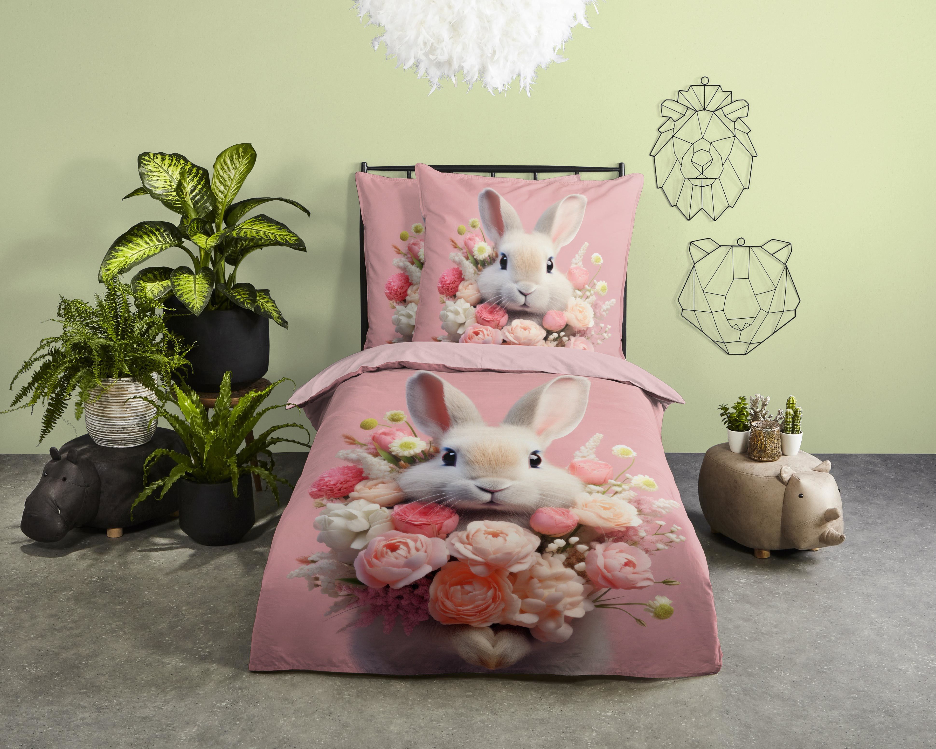 PURE luxury collection Kinderbettwäsche Cathy, Microfaser, 2 teilig, Mikrofaser, 135x200, 2 Teilig, Wendeoptik, Kind, Mädchen, Kaninchen