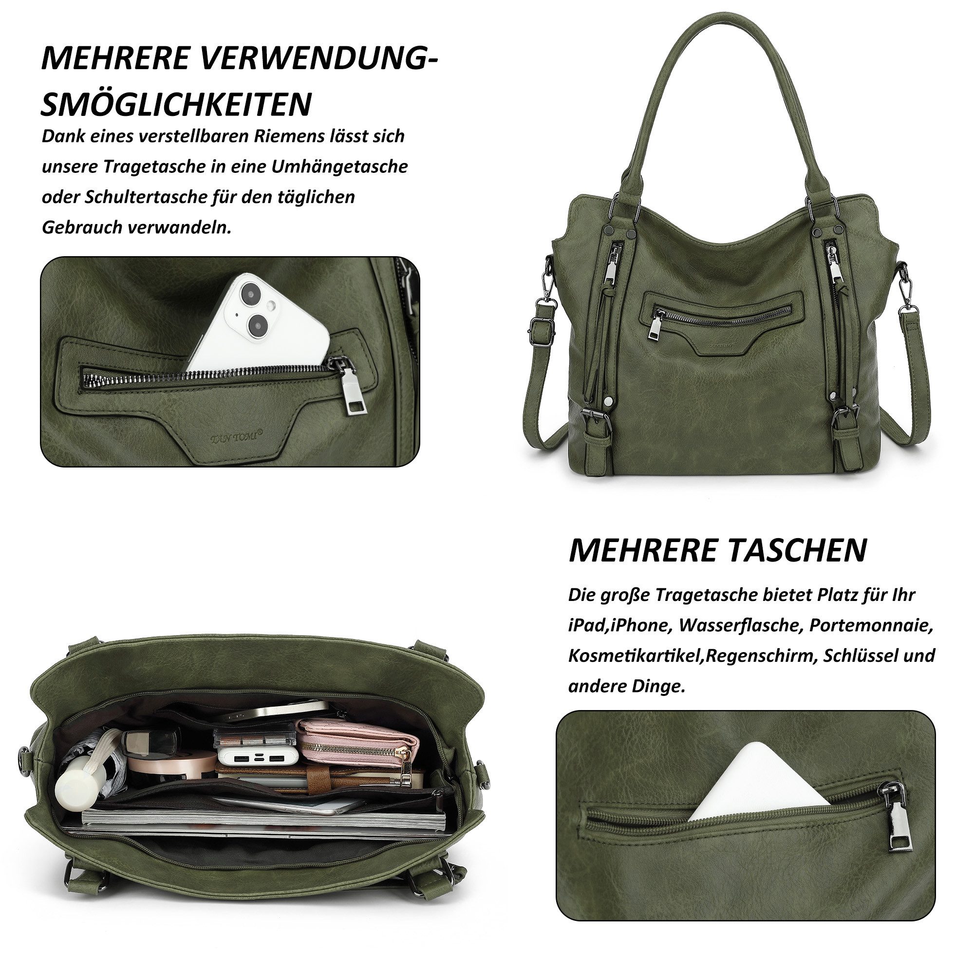 TAN.TOMI Handtasche Damen Shopper - Set Schultertasche Henkeltasche Umhängetasche, Mit abnehmbarem Schultergurt für Büro Schule Einkauf Reise – Bild 5 von 5