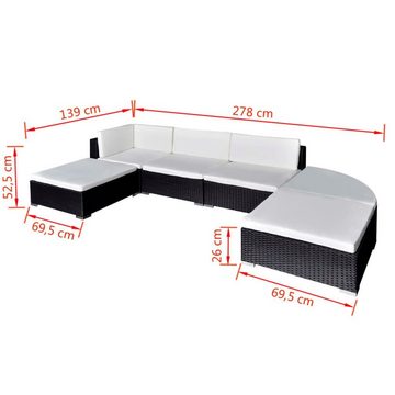 vidaXL Gartenlounge-Set 6-tlg. Garten-Lounge-Set mit Auflagen Poly Rattan Schwarz, (6-tlg)