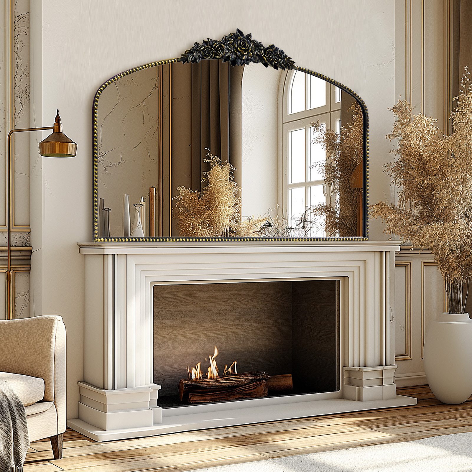 G-LEAF Wandspiegel Bogen-Wandspiegel im Barockstil, Metallrahmen mit Perlenverzierung (1-St), für Eingangsbereich, Badezimmer oder Schlafzimmer, Vintage-Schwarz