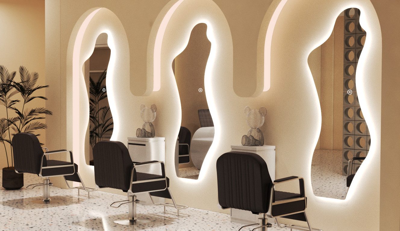 WDWRITTI Spiegel groß für Hotel Friseurladen Hairsalon Beauty Studio Wohnzimmer (Dekospiegel Friseurspiegel Ganzkörperspiegel mit / ohne LED Beleuchtung, 1-St., 180x80, 165x65, 165x60, 145x60cm), Oval, Bogen, asymmetrisch, Frauenfigur, Wassertropfen, Rechteckig