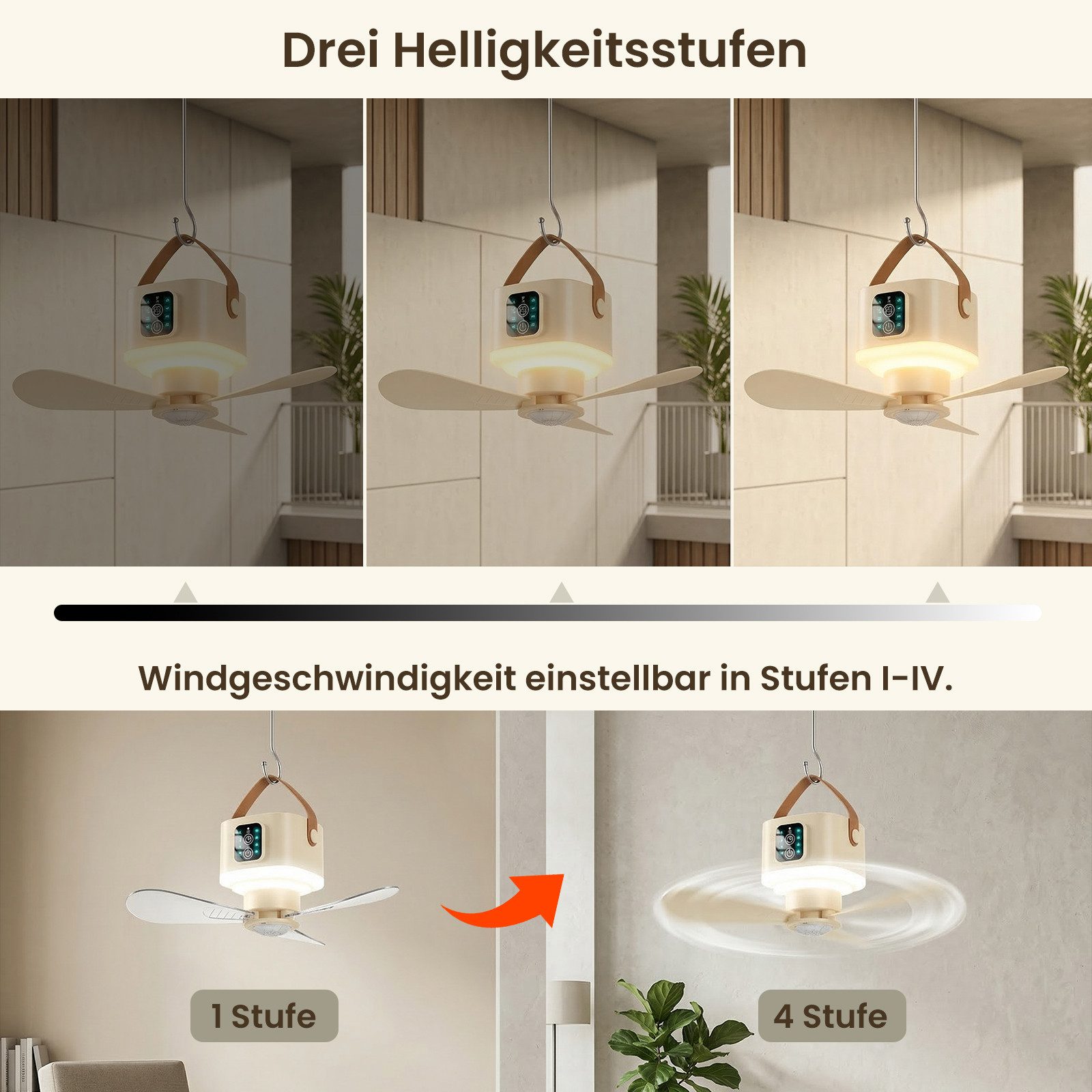 Lapalife Deckenventilator Akku Ventilator Mit LED Licht, Tragbar Hängelampe Mit Fernbedienung, 4 Windstufen & 3 Helligkeitsstufen, für Zelt Garten Wohnmobil