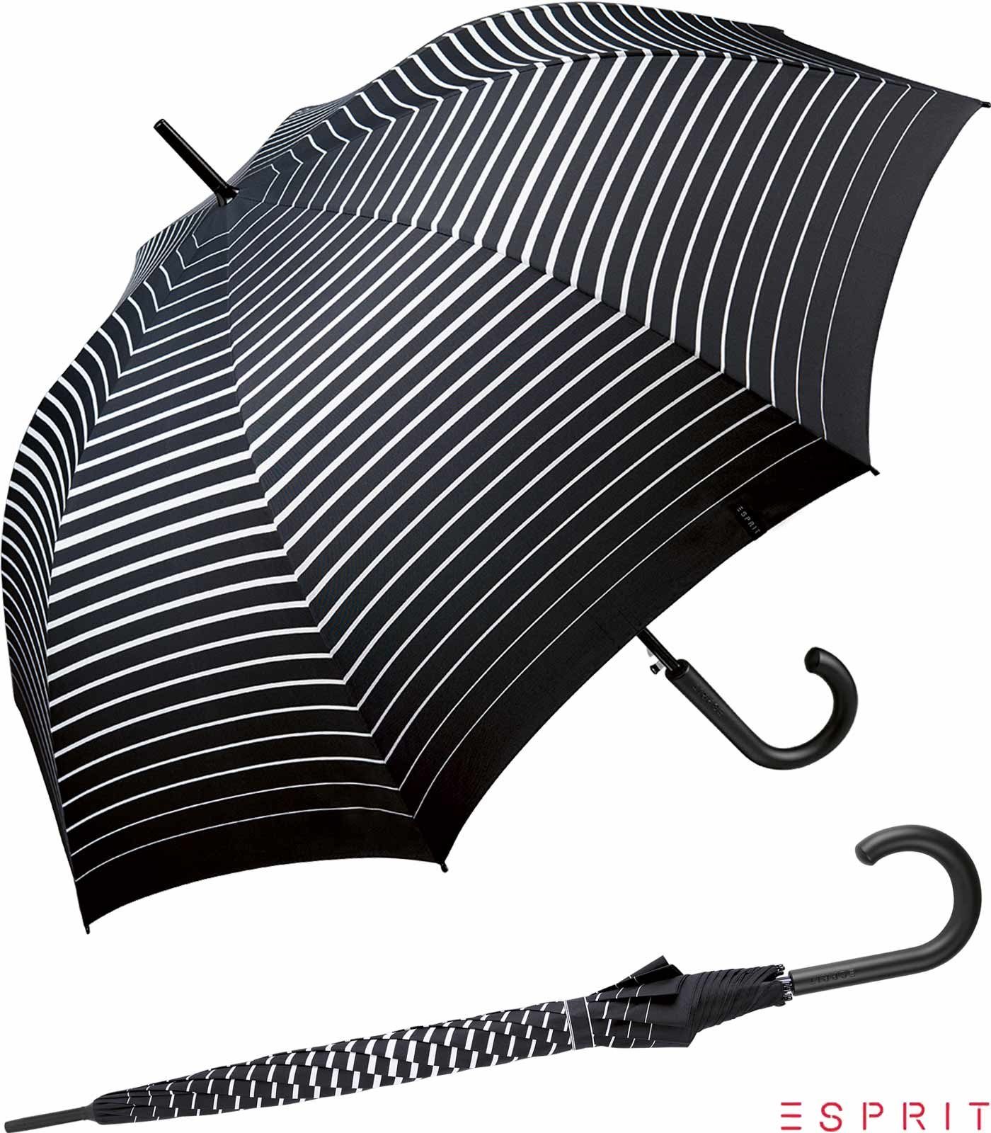 Esprit Langregenschirm Damen mit Auf-Automatik - Degradee Stripe - black, groß, stabil, in moderner Streifen-Optik schwarz-weiß